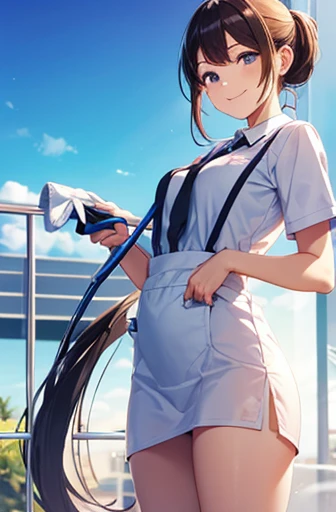 Anime schoolgirl kneeling on the floor of a classroom, Wearing white socks, see-through raincoat, Black high heels, Wearing white gloves, White towel in hand，Clean up trash in the classroom