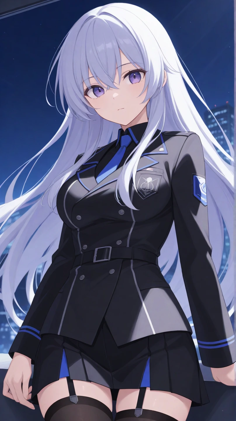 (Highest quality), (High resolution), (masterpiece), (Super detailed), Silver Hair, Long Hair, Blue and purple eyes, Blue Archive Art Style, One girl, Girl, Silky skin, Shiny skin, An athletic body, blush, Heavy breathing, chest, (Black long coat, White shirt, Black tie, Black trousers, My crotch is wet), Diagram from the front, (Bright saturation), Dripping love juice, Heart Pupil, Expression of pleasure, Trembling with sexual climax, Heavy breathing, Night Alley