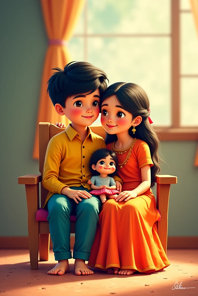 Cute boy with blue shirt and white Dodi dress and cute girl with red saree and baby girl with full of love cute family