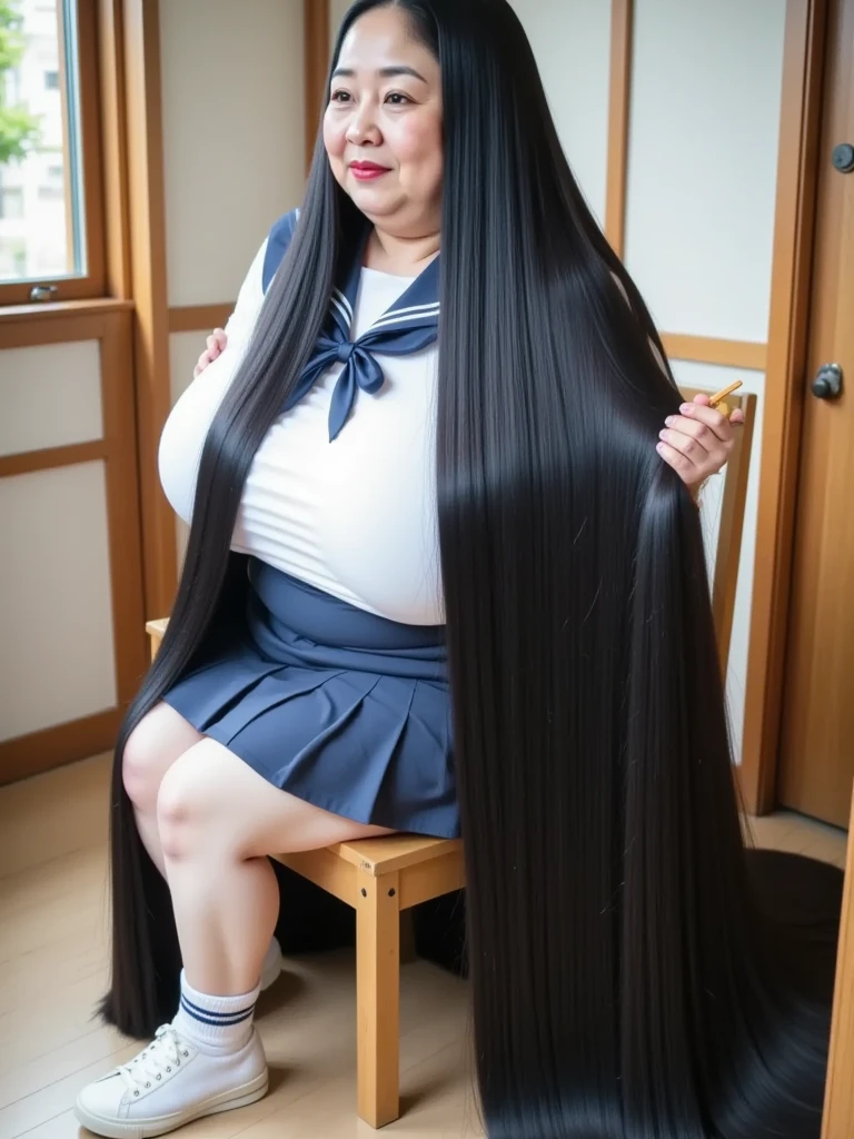 8k,Highest quality, masterpiece, Ultra-high resolution,(masterpiece:1.6, Highest quality), Intricate details, ５０Middle-aged woman in her 20s,Japanese, alone, full body, ((dynamic pose:1.4)),top of head, (Absurdly Long hair:1.5)),top of head,jet Black Hair, (forehead:1.3), (Extremely obese:1.4), (Fat face:1.3), (round face:1.2), (Saggy face:1.3), crow's feet wrinkies, (Relaxed body:1.1), ((Super huge breasts:1.7)), ((Saggy breasts:1.6)), ((Cleavage:1.3)),((Abnormally long, beautiful black hair that reaches down to her heels:1.5)), ((Her excessively long black hair reaches the ground:1.5)), ((pale skin, shiny skin, Smiling happily,heavy makeup, pink cheek, red lips, thick lips:1.1)),((女子高生のコスプレをした熟女がSchool classroomで長い黒髪を梳かしている)),((White Sailor Suit,Navy blue mini skirt,White sneakers)),(School classroom,Wooden comb))