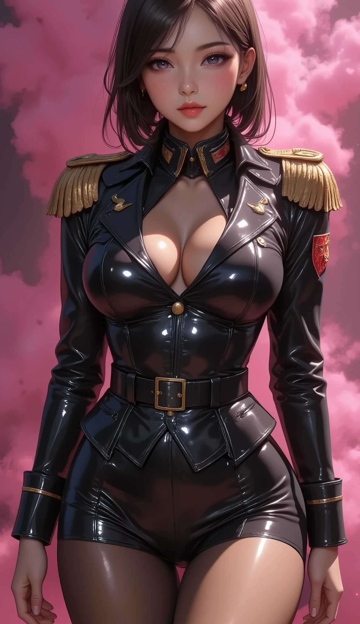 (pale skin:1.2), (white skin:1.5), ((front view:1.3)), pale face, (puffy lips:1.4), (gigantic breasts:1.4), ((gigantic breasts:1.3)), design sheet, masterpiece, (slendered abs:1.2) ,detailed , Forte Stollen typically wears a military-style uniform that reflects her role as a skilled officer. This uniform includes a form-fitting jacket with epaulets, insignia denoting her rank, and matching trousers. She may also wear gloves, and her ensemble is often accented with belts , utility pouches for a practical, combat-ready look, The color scheme is generally consistent with military aesthetics, often featuring shades of green, brown, or gray, shiny skin, beautiful lighting from the side, soft warm light,epic pose, hat, short red hair, dynamic movie poster, masterpiece, high definition, Extreme Detailed Portrait With Bokeh Effect , Realistic Lighting