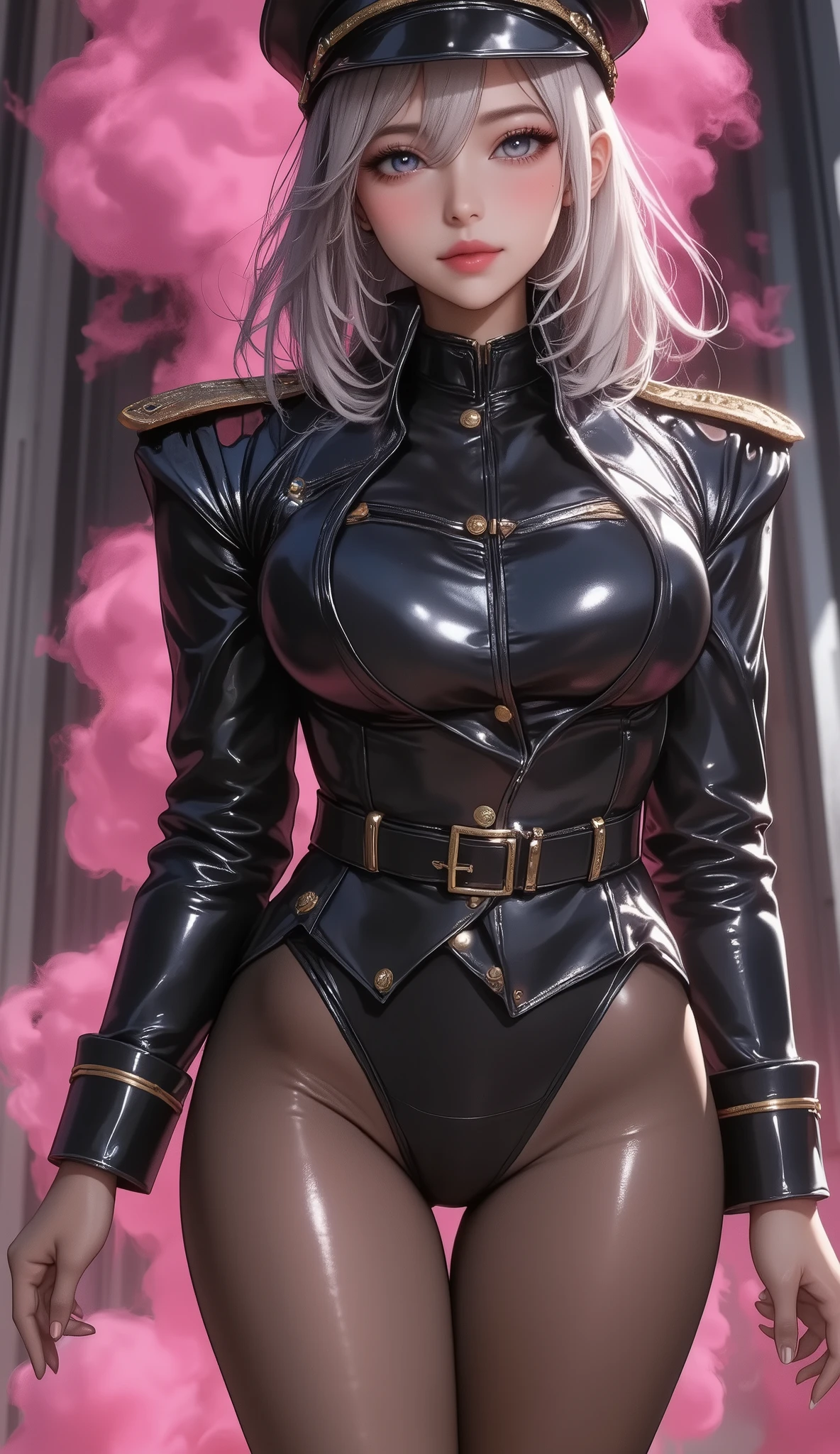 (attractive portrait, Extremely Detailed Images Unity 8K Wallpaper), (wide shot, from below, full-body in frame), ((1 female, shining silver long hair, Clear, strong and fleeting eyes, ( Finely Drawn Hollow Eyes and Detailed Faces), (Latex Military Costume :0.9), (big breasts, bewitching smile, military hat, latex thighs, big breasts, black hair, pink eye , black leotard, pantyhose, Sleeveless, Patent leather suit, Nasty lips, sitting ,Bust)), Sadistic Smile, sexy pose, pink mist smoke floating, sensual posing), (Masterpiece, best quality),