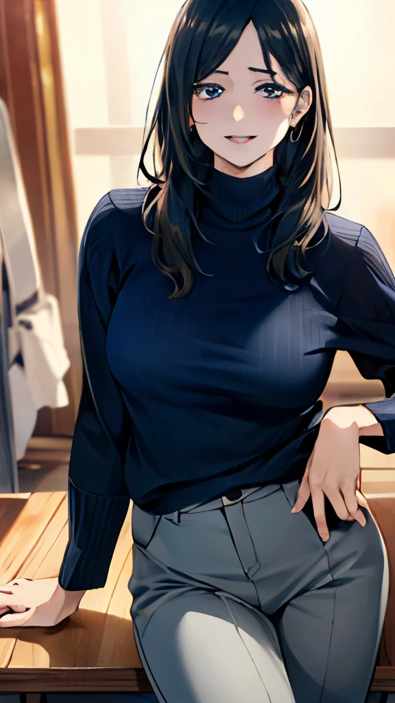 (masterpiece:1.3, top-quality, ultra high res, ultra detailed), (realistic, photorealistic:1.4), beautiful illustration, perfect lighting, natural lighting, colorful, depth of fields,
looking at viewer, 1 girl, japanese, office lady, 19 years old, perfect face, (perfect anatomy), cute and symmetrical face, baby face, shiny skin, slender,
(long hair:1.7, straight hair:1.2, black hair), hair between eyes, emerald green eyes, long eye lasher, (large breasts:0.8),
beautiful hair, beautiful face, beautiful detailed eyes, beautiful clavicle, beautiful body, beautiful chest, beautiful thigh, beautiful legs, beautiful fingers, break,
(gray stretch tapered pants), break, (half-sleeve navy high neck sweater), break, id card,
(beautiful scenery), day time, (office lounge), drinking canned coffee, (happy smile, half-closed eye, parted lips),