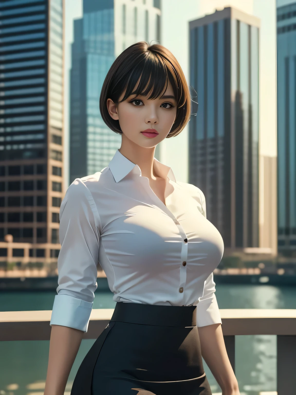 8K-quality, UHD, (HDR), RAW-photo, (Realistic:1.5), Subject is in the center of the frame, (Looking at the viewer:1.3), Absolute masterpiece,
Tight-fitting business shirt, Just-fitting short sleeve, High-waist pencil skirt, (Shirt tucked into skirt:1.5), Office district, Skyscrapers in the background,,
Breasts, Make-up, Lip-make up, Glossy skin, Bangs, Short-cut hair, Very beautiful woman, She's strong and intimidating, Muscle body