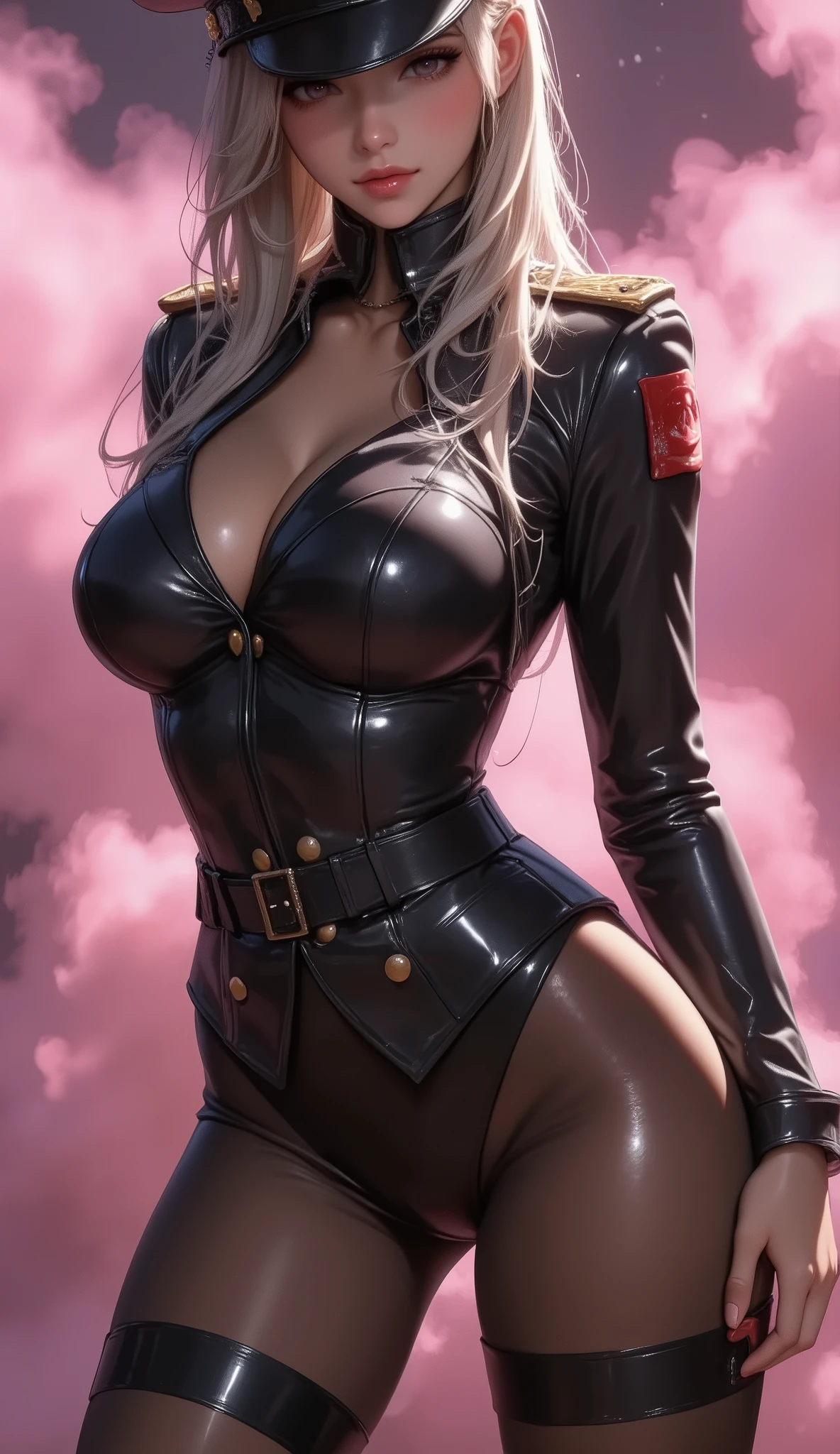 (Extremely Detailed Images Unity 8K Wallpaper), from below, ((1 female, looking from above, shining silver long hair, Clear, strong and fleeting eyes, ( Finely Drawn Hollow Eyes and Detailed Faces), (Latex Military Costume :0.9), (big breasts, bewitching smile, military hat, latex thighs, big breasts, black hair, pink eye , black leotard, pantyhose, Sleeveless, Patent leather suit, Nasty lips, sitting ,Bust)), Sadistic Smile, sexy pose, pink mist smoke floating, sensual posing), (Masterpiece, best quality), attractive portrait, wide shot, from below, full-body in frame