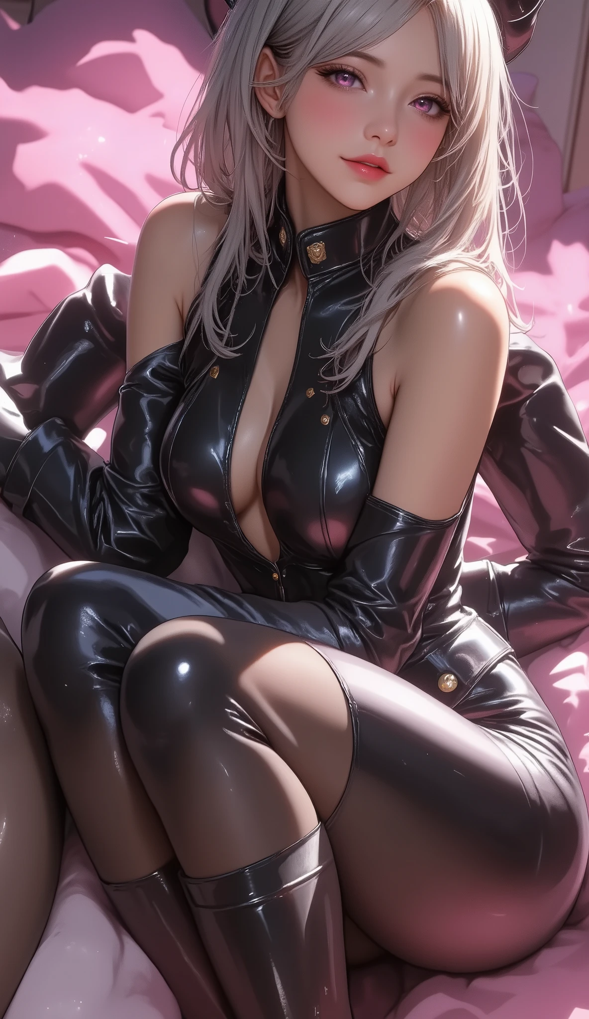 NSFW、Highest quality、(Bunny girl)、tights、Glossy Bunny Suit、Sit on the sofa、((Spread your legs wide))、No background、Silver short hair、Beautiful Eyes、Beautiful Face、Delicate eyes、Expressions of ecstasy、((Both have))、(Breast milk)、((Ejaculating penis))
