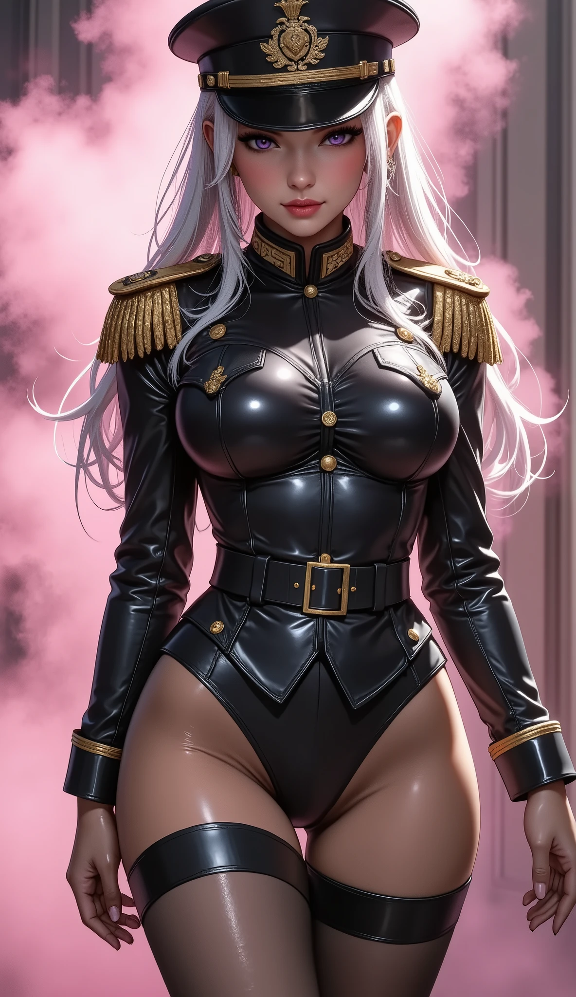 (Extremely Detailed Images Unity 8K Wallpaper), from below, ((1 female, looking from below, shining silver long hair, Clear, strong and fleeting eyes, ( Finely Drawn Hollow Eyes and Detailed Faces), (Latex Military Costume:0.9), (big breasts, bewitching smile, military hat, latex thighs, big breasts, black hair, pink eye , black leotard, pantyhose, Sleeveless, Patent leather suit, Nasty lips, sitting ,Bust)), Sadistic Smile, sexy pose, pink mist smoke floating, sensual posing), (Masterpiece, best quality), attractive portrait, wide shot, from below, full-body in frame