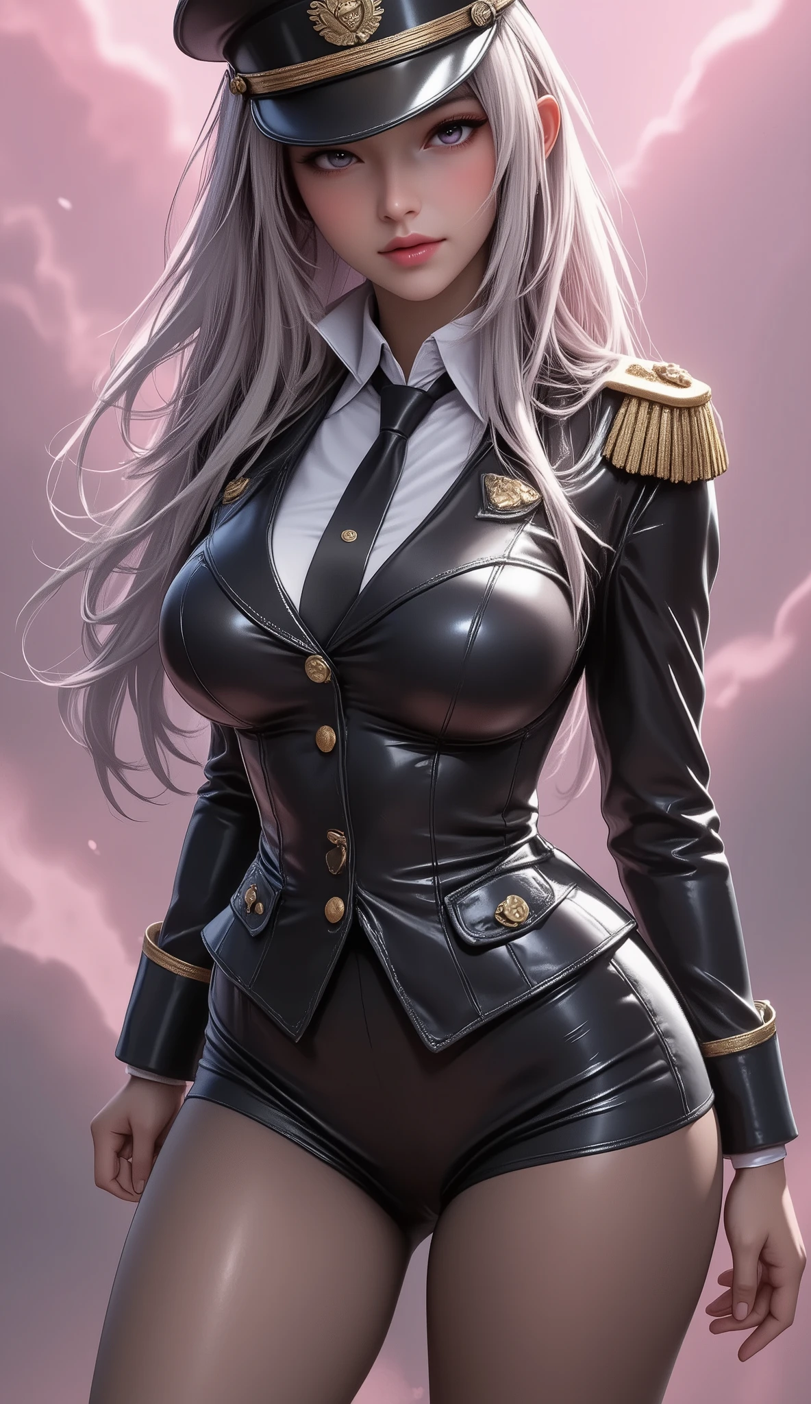 (Extremely Detailed Images Unity 8K Wallpaper), from below, ((1 female, looking from below, shining silver long hair, Clear, strong and fleeting eyes, ( Finely Drawn Hollow Eyes and Detailed Faces), (Latex Military Costume:0.9), (big breasts, bewitching smile, military hat, latex thighs, big breasts, black hair, pink eye , black leotard, pantyhose, Sleeveless, Patent leather suit, Nasty lips, sitting ,Bust)), Sadistic Smile, sexy pose, pink mist smoke floating, sensual posing), (Masterpiece, best quality), attractive portrait, wide shot, from below, full-body in frame
