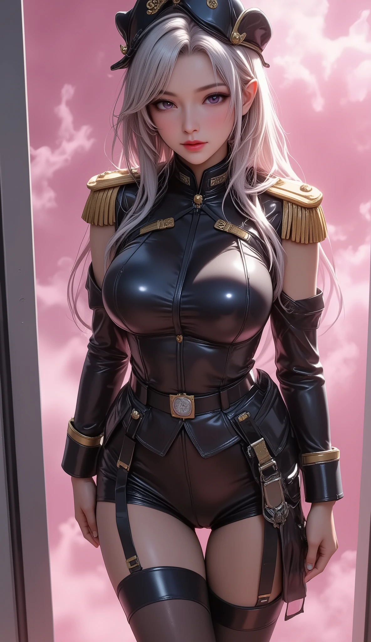 (Extremely Detailed Images Unity 8K Wallpaper), from below, ((1 female, looking from below, shining silver long hair, Clear, strong and fleeting eyes, ( Finely Drawn Hollow Eyes and Detailed Faces), (Latex Military Costume:0.9), (big breasts, bewitching smile, military hat, latex thighs, big breasts, black hair, pink eye , black leotard, pantyhose, Sleeveless, Patent leather suit, Nasty lips, sitting ,Bust)), Sadistic Smile, sexy pose, pink mist smoke floating, sensual posing), (Masterpiece, best quality), attractive portrait, wide shot, from below, full-body in frame