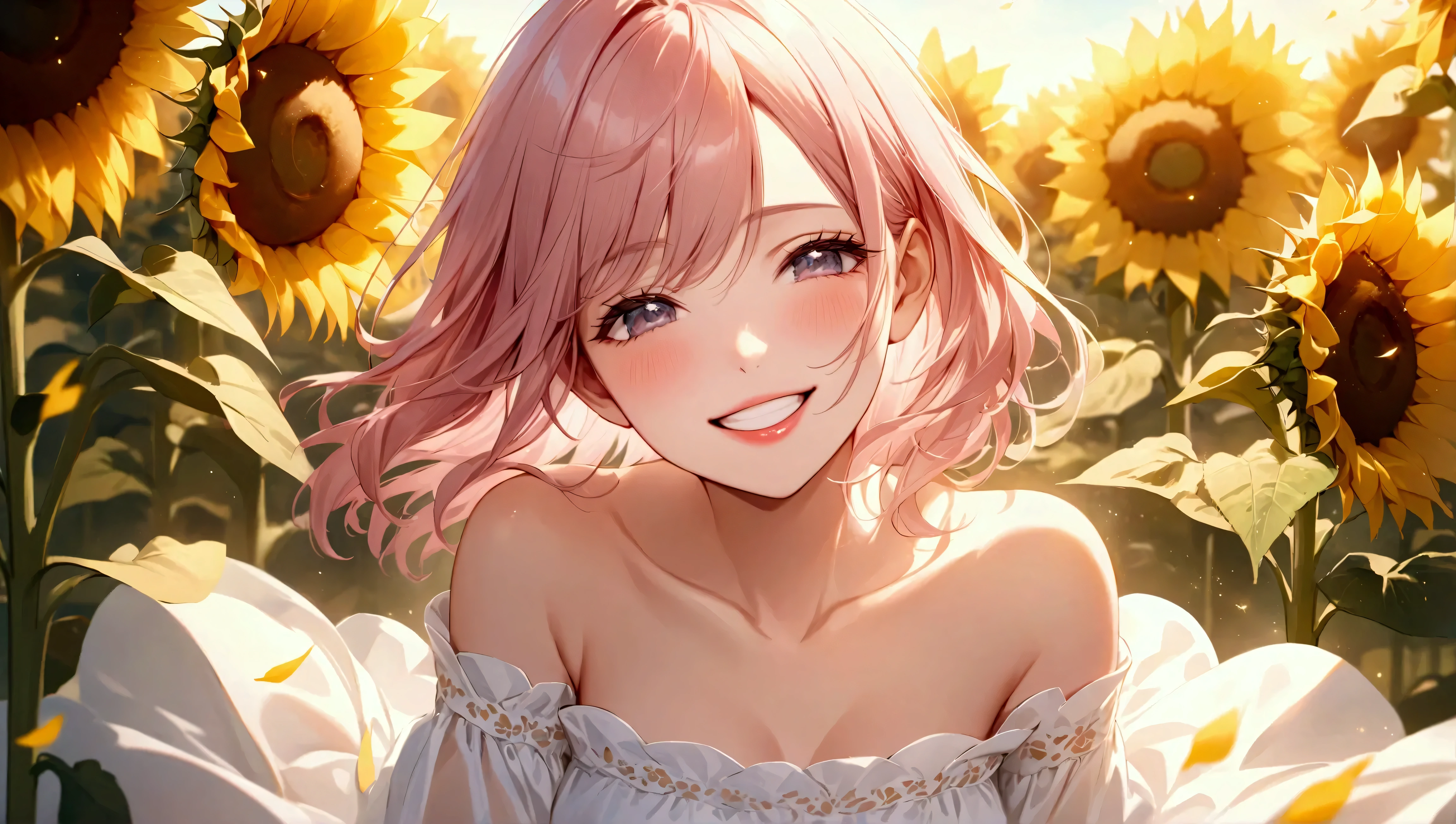 (masterpiece:1.3, highres:1.3, Perfect detail, super detail), 1girl, A very dazzling smile:1.3, The woman is positioned slightly to the left, (The most beautiful smile, Squint her eyes and laugh, Beautiful white teeth are visible, Glossy pink lips), She is wearing a clean white dress, Shoulders are exposed, Very beautiful clavicle expression BREAK Sunflower:1.3, A field of sunflowers, The expression of light is so beautiful that it is hard to put into words, 8k wall paper