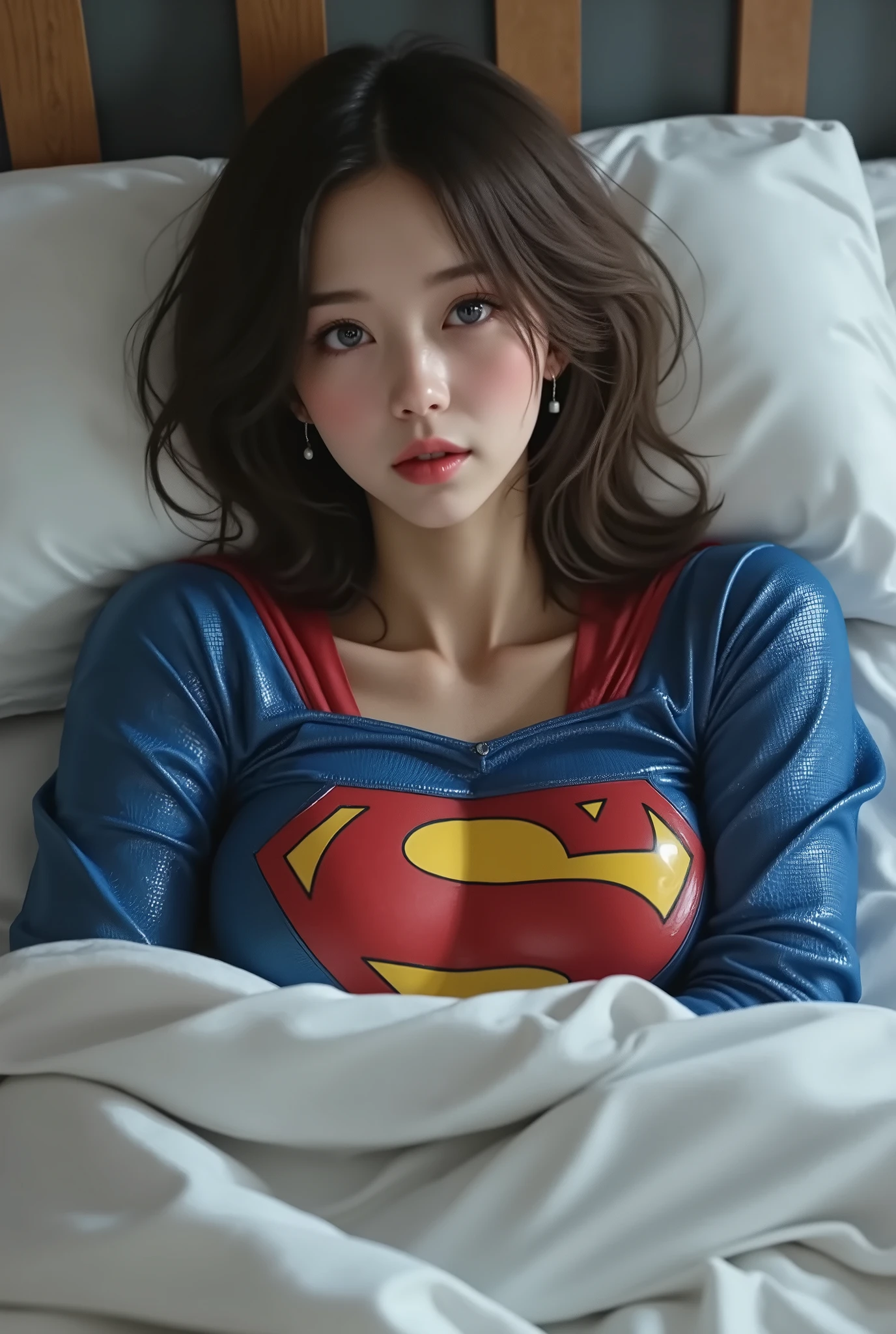 A YOUNG ASIAN BABE LAYING FLAT ON HER BED WEARING A 1980 COTTON BLEND SUPERGIRL COSTUME AND CAPE. 4K AFTER SEX SCENE. FULL SUPERGIRL COSTUME AND CAPE.I NTRICATE DETAILS, PREFESSIONAL PORN PHOTOGRAPHY, HIGH RES, 4K, 8K. LIGHT PALE BLUE EYES GLEEMING.