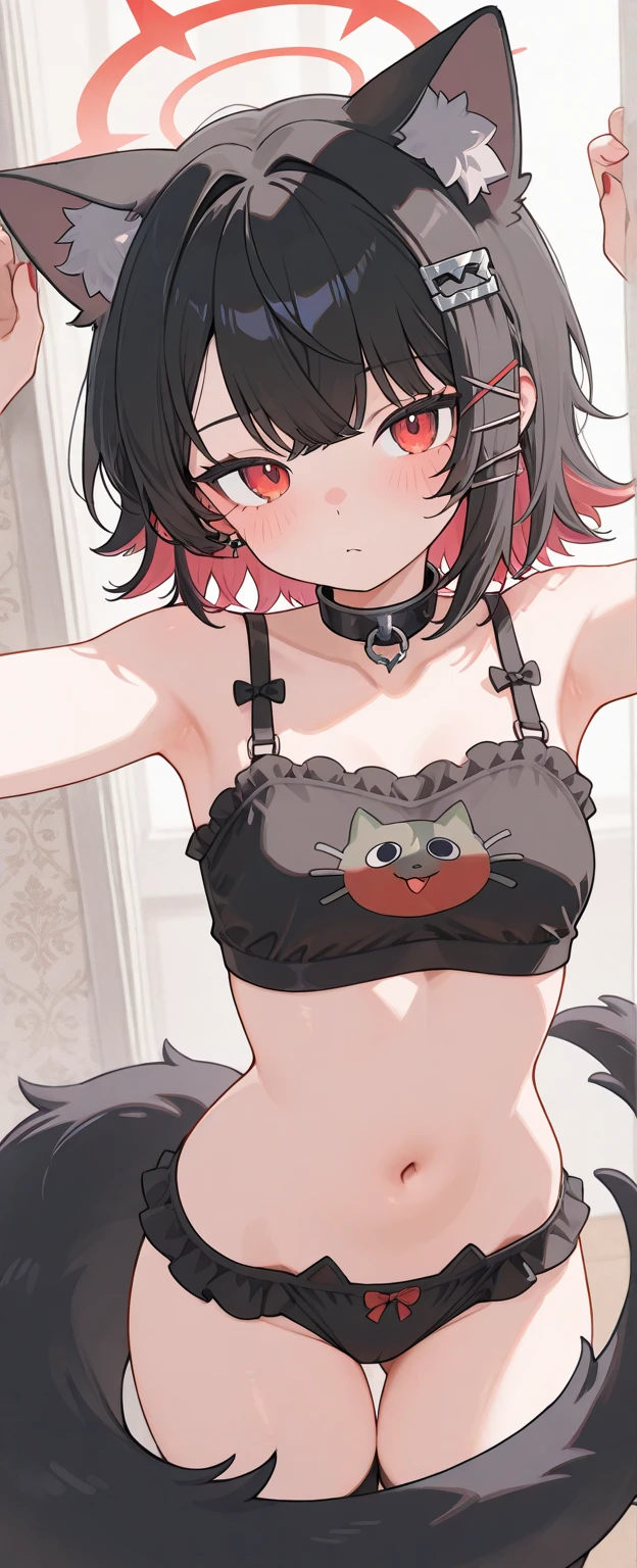 Beautiful illustrationasseter muscle area, (masterpiece、Highest quality、8K ),intricate detailes,ultra-detailliert,Soft Focus、fubuki_Fleet Collection, Black Hair,Short ponytail,Side Lock,Low ponytail,Green Eyes,Iris,、, 14 years、Umbilical cord prolapse、Cat ears、tail、((((Magical Girl Lingerie)))),A pose that attracts men、
