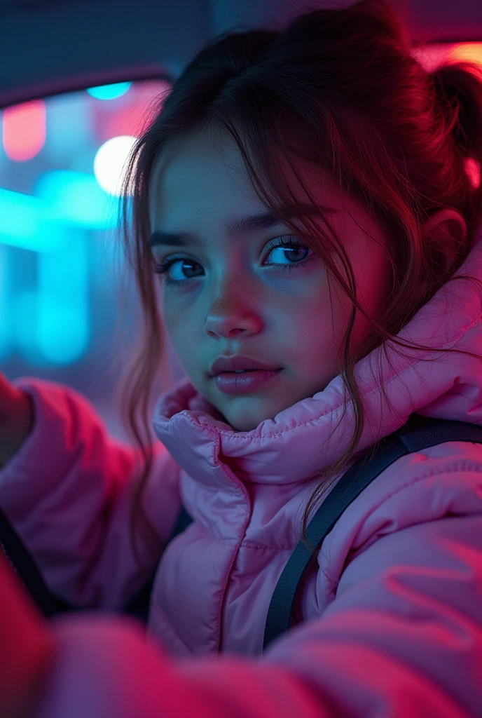 realistic, photorealistic, masterpiece, best quality, girl child 10 years, long hair EARPHONES, RED BACKGROUND, suspense atmosphere, red jacket, thriller, red jacket, wearing red jacket, brown pants red shirt, red jacket, wearing dead lion fantasy jacket, red and black costume!!!, red leather jacket. --auto --s2