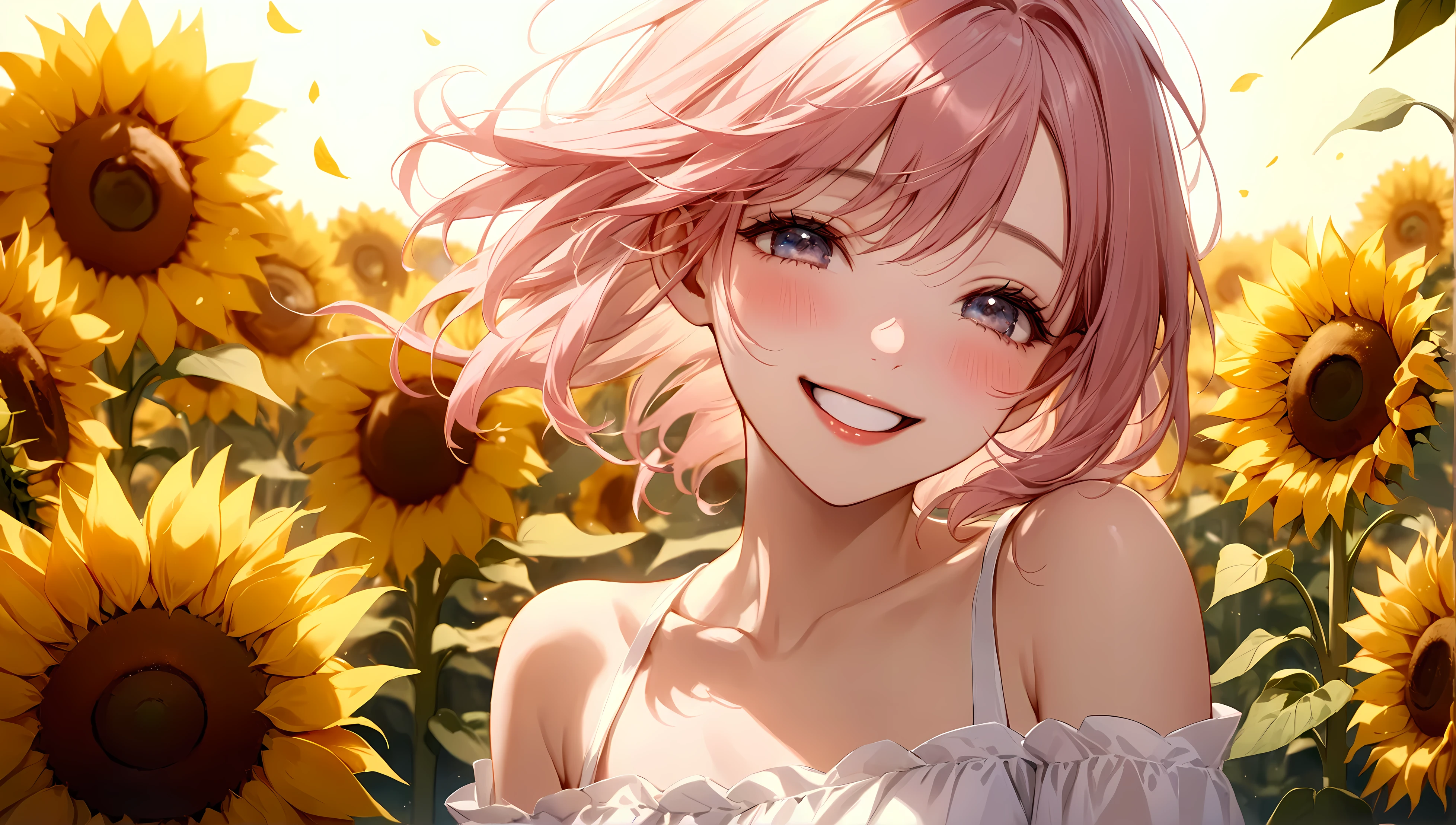 (masterpiece:1.3, highres:1.3, Perfect detail, super detail), 1girl, A very dazzling smile:1.3, The woman is positioned slightly to the left, (The most beautiful smile, Squint her eyes and laugh, Beautiful white teeth are visible, Glossy pink lips), She is wearing a clean white dress, Shoulders are exposed, Very beautiful clavicle expression BREAK (Sunflower:1.3, A field of sunflowers, Sunflowers with detailed details), The expression of light is so beautiful that it is hard to put into words, 8k wall paper
