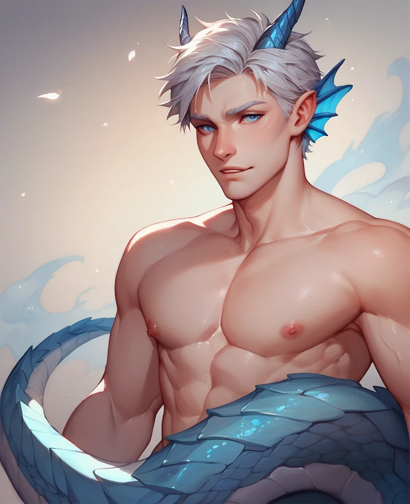 man, masculine, masculine face, attractive, muscular, (((1man))), masterpiece, absurdres, best quality ,intricate details , (shiny skin, shiny body, shiny oily luster skin, shiny hair, pale skintone), Sundown, attractive, ((muscular)), adult, one, earrings, Don't look at the view , Not looking at the view, silver hair, braided hair, perfect detailed face, perfect detailed hands, triton, fins, red eyes, triton ears, ((portait)), smirk, marine sea ornaments, sea in the background, ((in the water)), open chest, (mermaid tail), no legs