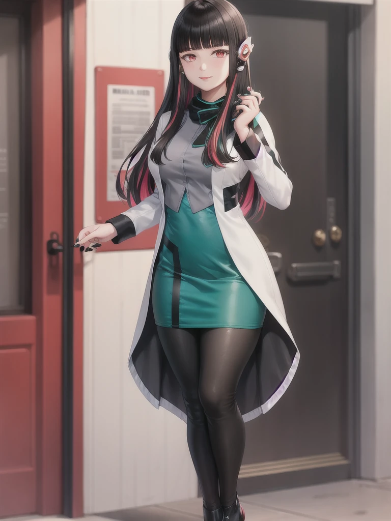 (masterpiece, best quality:1.2), <lora:quintuplets_nino-10:1>, cowboy shot, solo, 1girl, nakano nino, smile, closed mouth, looking at viewer, hand in own hair, butterfly hair ornament, open clothes, cardigan, white collared shirt, green skirt, white thighhighs