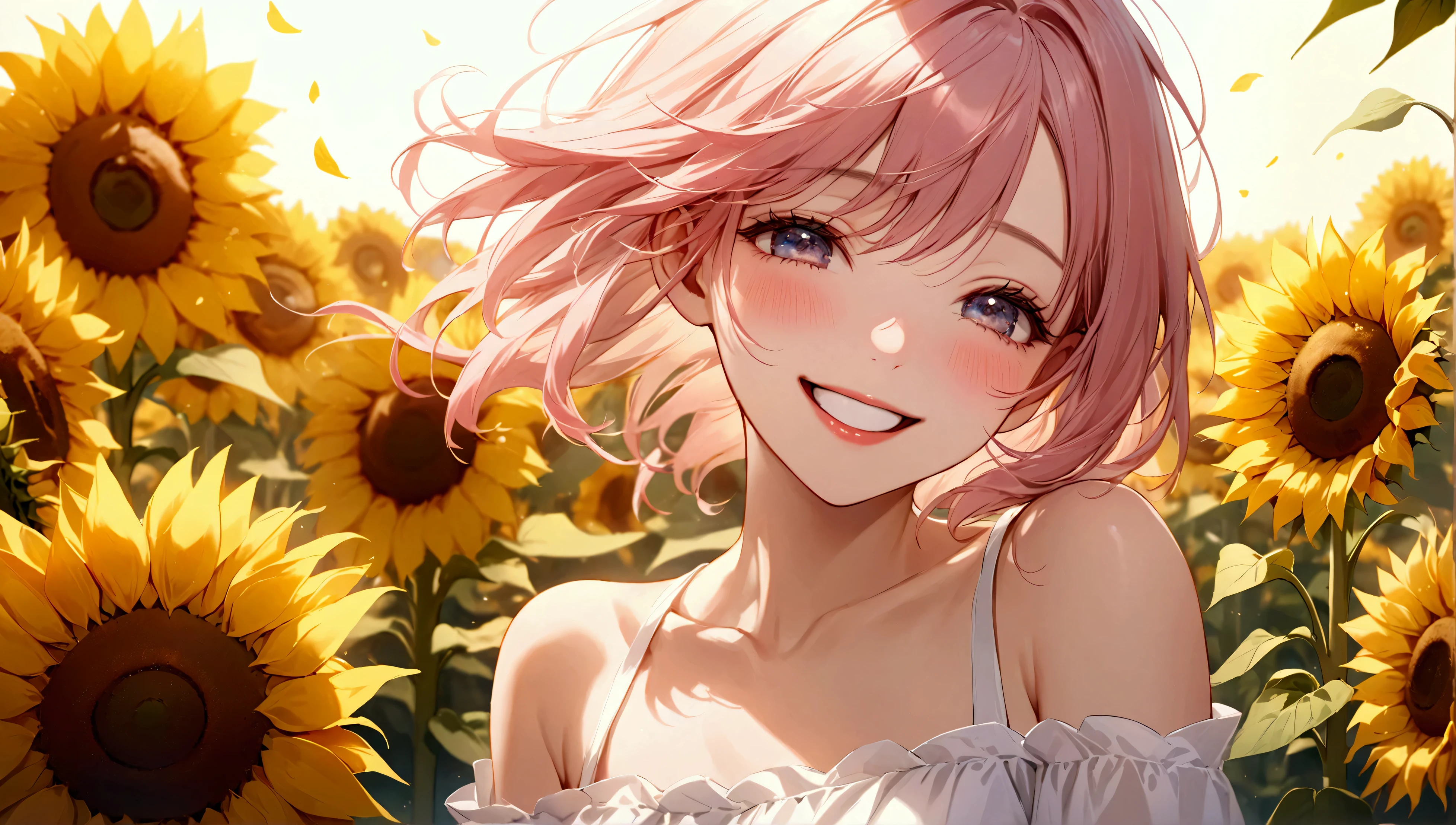 (masterpiece:1.3, highres:1.3, Perfect detail, super detail), 1girl, A very dazzling smile:1.3, The woman is positioned slightly to the left, (The most beautiful smile, Squint her eyes and laugh, Beautiful white teeth are visible, Glossy pink lips), She is wearing a clean white dress, Shoulders are exposed, Very beautiful clavicle expression BREAK (Sunflower:1.3, A field of sunflowers, Sunflowers with detailed details), The expression of light is so beautiful that it is hard to put into words, 8k wall paper