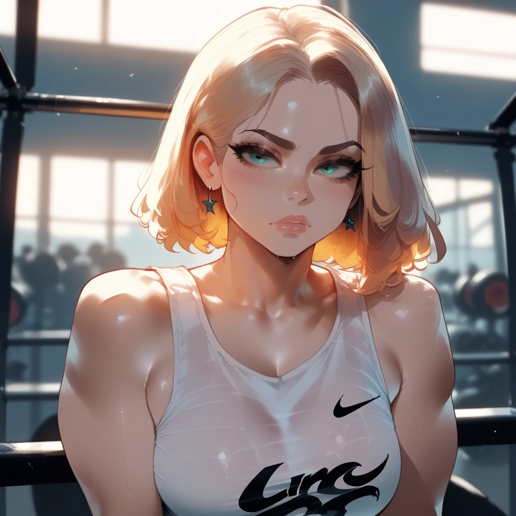 ( High quality , ultra detailed, careful with hand and face) Dark, HD quality, Zepeto character, realistic woman body, focus on face, model pose, gym background, sweating, sweat dripping, sexy body and face.