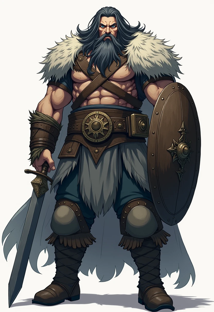 Create a muscular Viking warrior from manhwa with big, fair hair, with a full beard who uses a very large sword