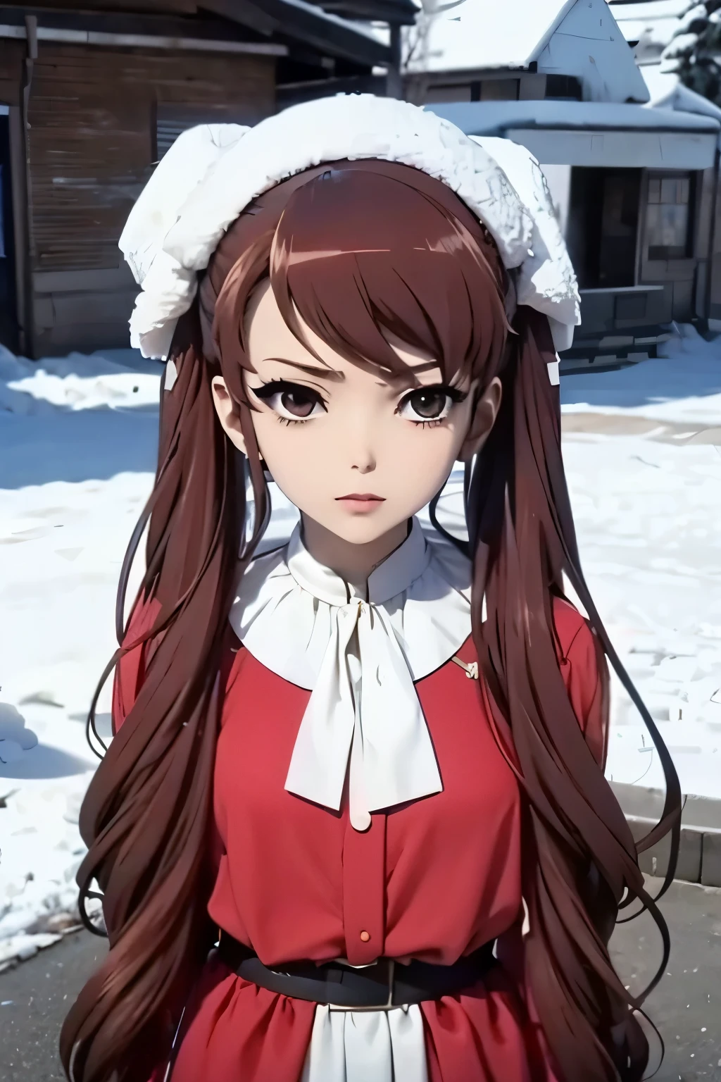 Akazawa Izumi , who was chained to the ground. New Year's theme. snow maiden. Corrupted little anime girl evil smirking Улыбаться, high definition , 1 girl, solo, Смотрит на зрителя, Ковбойская съемка, Закрытый рот, Блеск, Световые эффекты фильма, Стиль аниме,