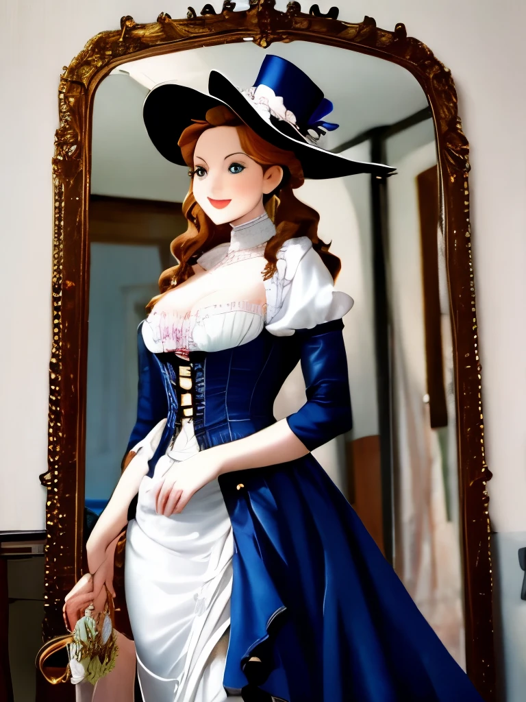 Inside Versailles, in 1789, a perfectly beautiful busty courtesan with auburn hair is standing in her magnificent Renaissance style light blue dress, glamourous jewellery, with a push up corset revealing her big cleavage. HQ. Masterpiece. HD.