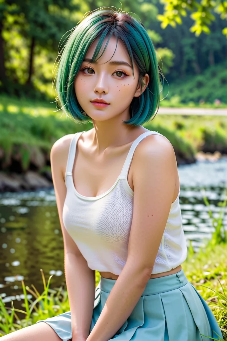 (best quality,height:1.3), Very detailed face and eyes., Long blue-green hair, beautiful upper body:1.2, white tank top, short jeans, standing in the park, flowers on the table, Firm breasts Medium bust, Revealing the cleavage