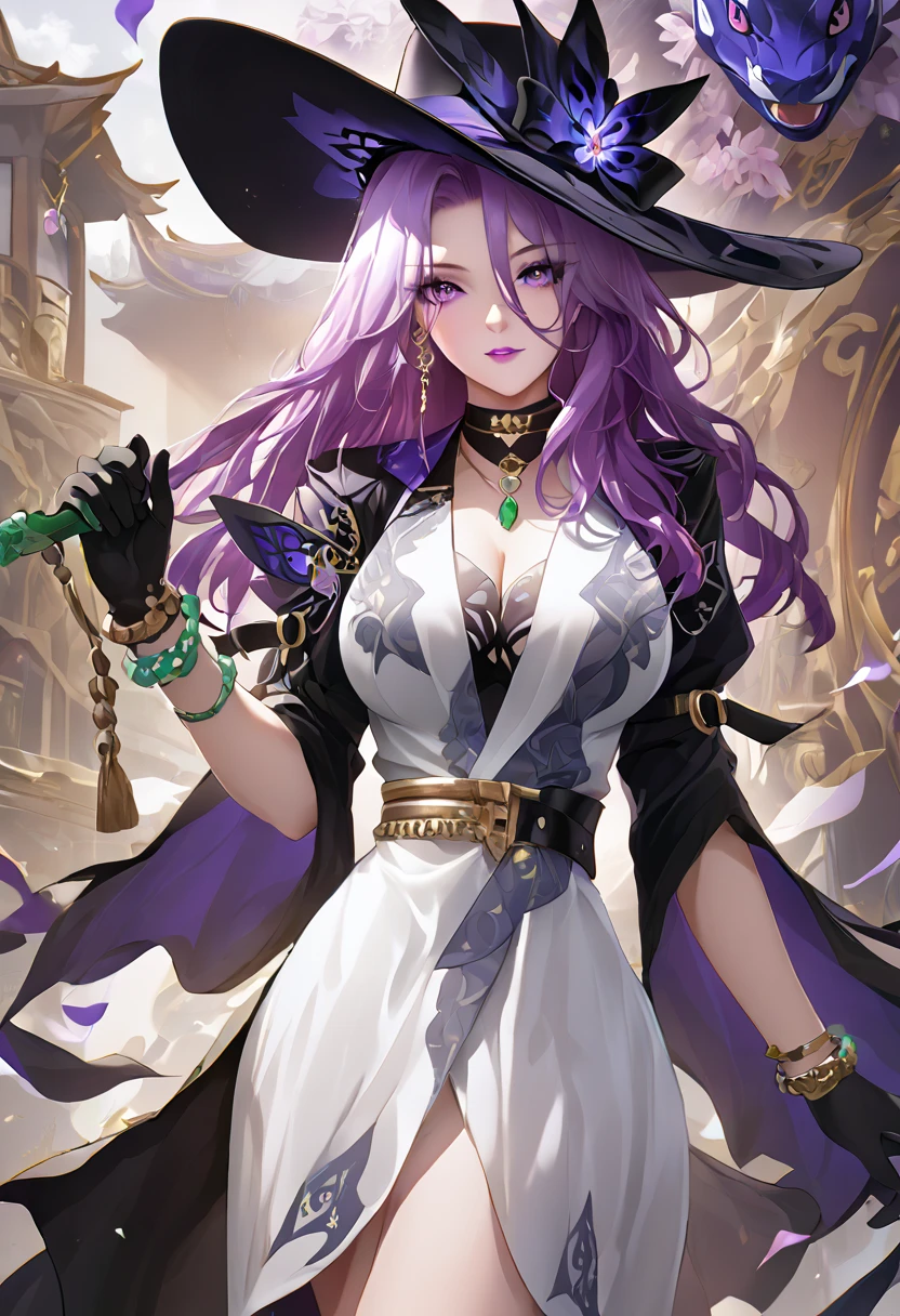 Sorceress woman with extremely long bright purple hair wearing a large and long black dress Giant sorceress hat looks serious arrogant woman in her 30s high quality masterpiece supreme sorceress unknown technology holding a supreme staff tall woman