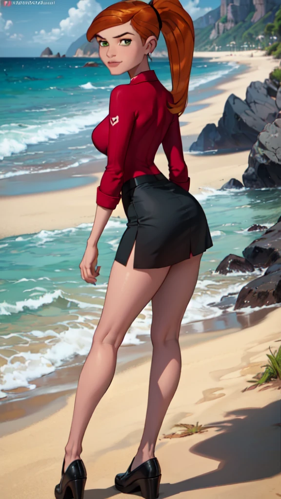 a woman with big naked buttocks poses with her back to the camera,Lilo & Stitch's blond lifeguard,detailed green eyes,blonde hair,perfect female body,big butt,small waist,wide hips,thick thighs,hawaiian beach setting, with elements such as sand, ocean, palm trees and a clear sky,photorealistic,8k,high quality,masterpiece,cinematic lighting,dramatic lighting,chiaroscuro,oil painting,hyperrealistic