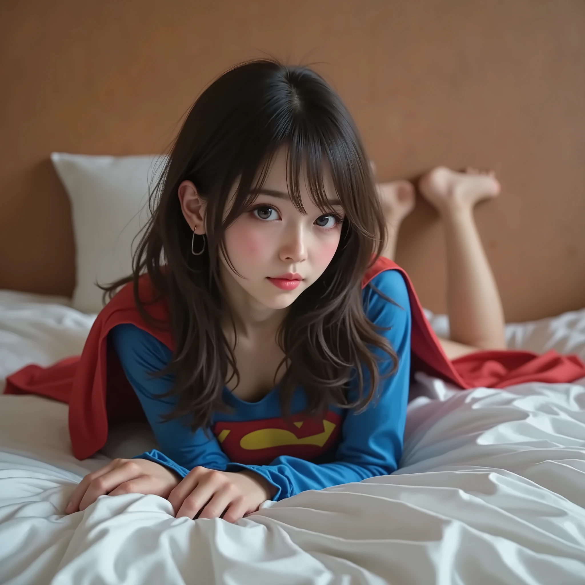 A YOUNG ASIAN BABE LAYING FLAT ON HER BED WEARING A 1980 COTTON BLEND SUPERGIRL COSTUME AND CAPE. 4K AFTER SEX SCENE. FULL SUPERGIRL COSTUME AND CAPE.I NTRICATE DETAILS, PREFESSIONAL PORN PHOTOGRAPHY, HIGH RES, 4K, 8K. LIGHT PALE BLUE EYES GLEEMING. HER CAPE SPREAD ACROSS THE BED, BARE FEET.