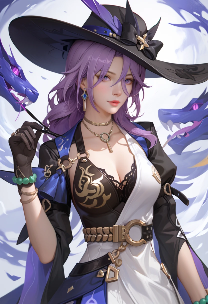 (Top image quality)，2023 Animation，Top animation quality，High-resolution details，Detailed wallpaper，(masterpiece)，(medium view), solo，sexy, A woman，upper body，Lilac hair，neat bangs，Pink Eyes，Beauty，light smile，(Wearing only a long-sleeved off-shoulder T-shirt with lace trim，Large witch hat)，large breast，(Cleavage)，bare neck，(A golden python wrapped around the body)，((detailed golden snake near body))，(Gothic castle background)，(Depth of Field)，Gloomy atmosphere，stained glass，(dark)