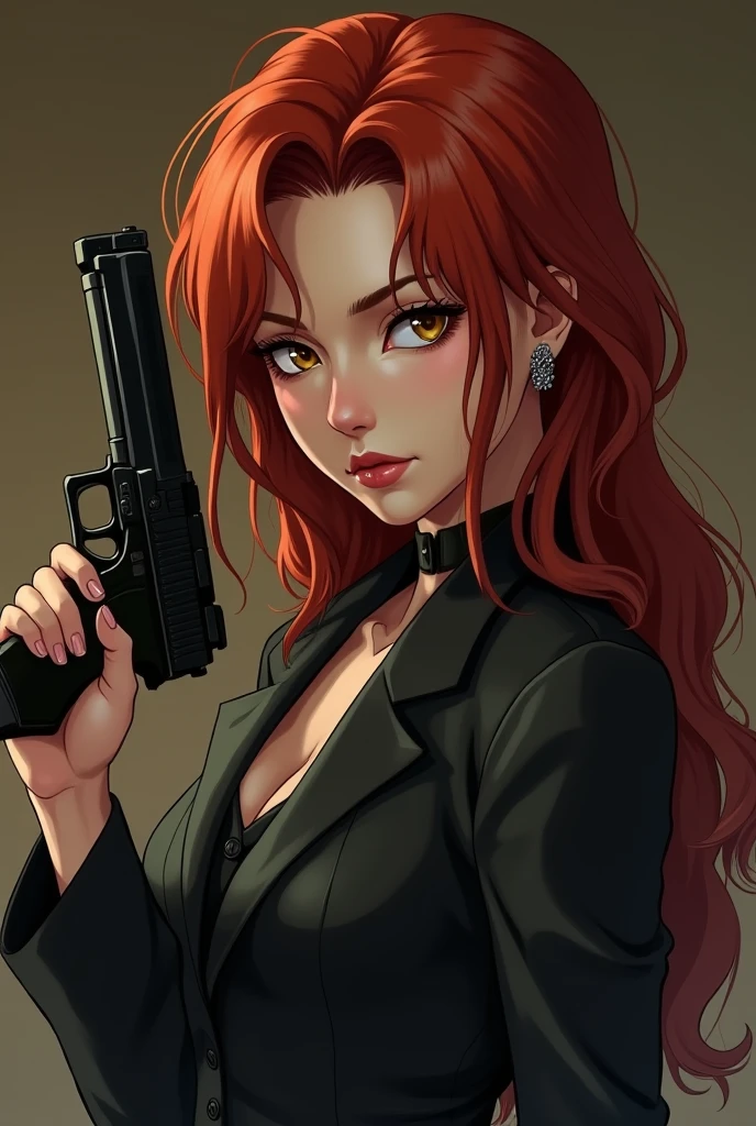 A woman with a strong temperament, a sharp jawline, a shaped nose, her red hair flowing down her shoulders, she was carrying the gun she held in her hand comfortably, her golden eyes were terrifying.
White skin, Italian-Japanese mixundefined, undefined,