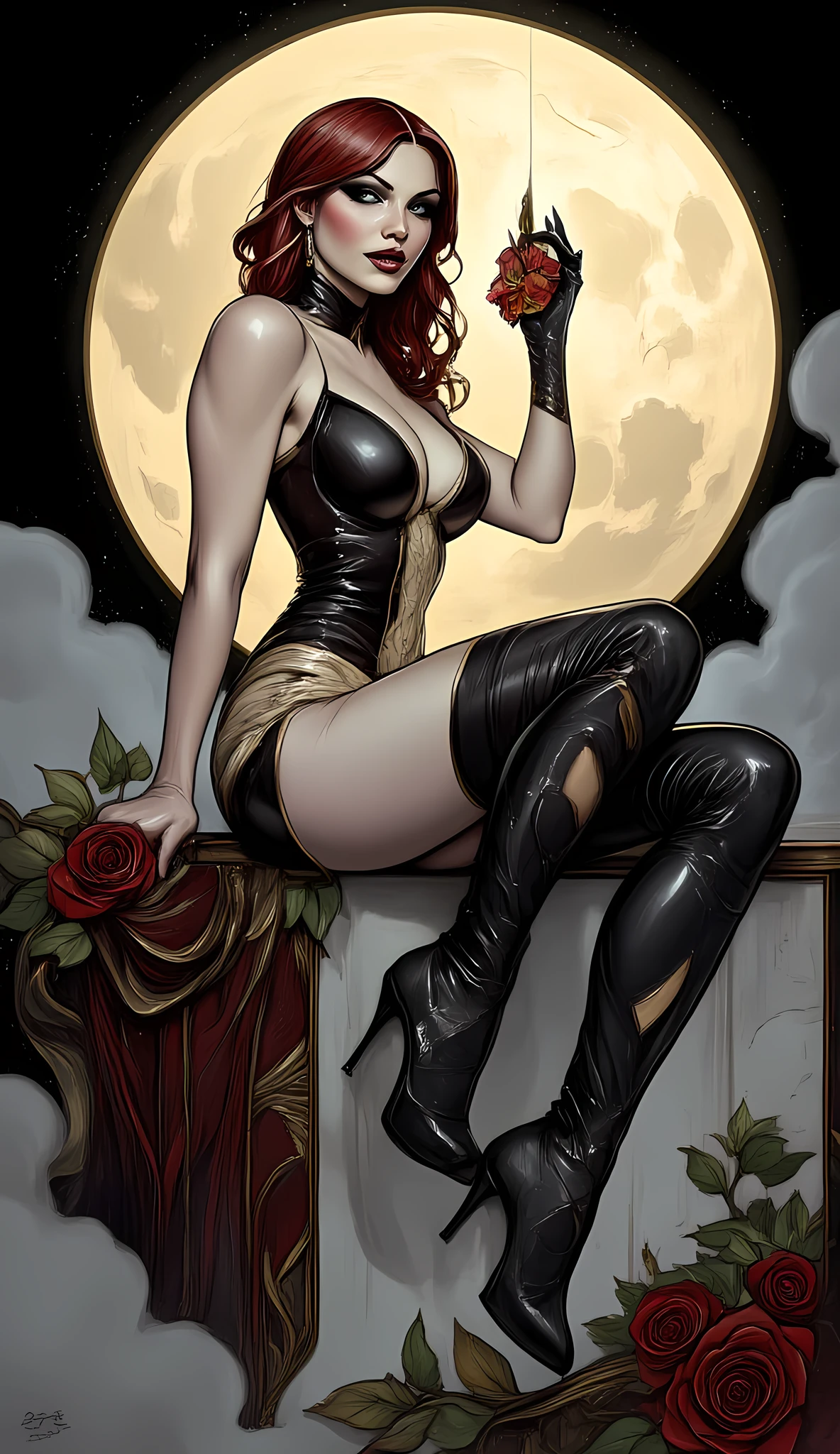 ((Highest quality, 8k, Masterpiece: 1.3)), Sharp: 1.2, Perfect body beauty: 1.4, Redhead, Vampire, Blood in the mouth, Medium breasts, Highly detailed facial and skin texture , lingerie and bra, transparent black underwear, the areola is visible. Dark stage with smoke, dim candles, art inspired by Bill Sienkiewicz and Dave Mckean.
