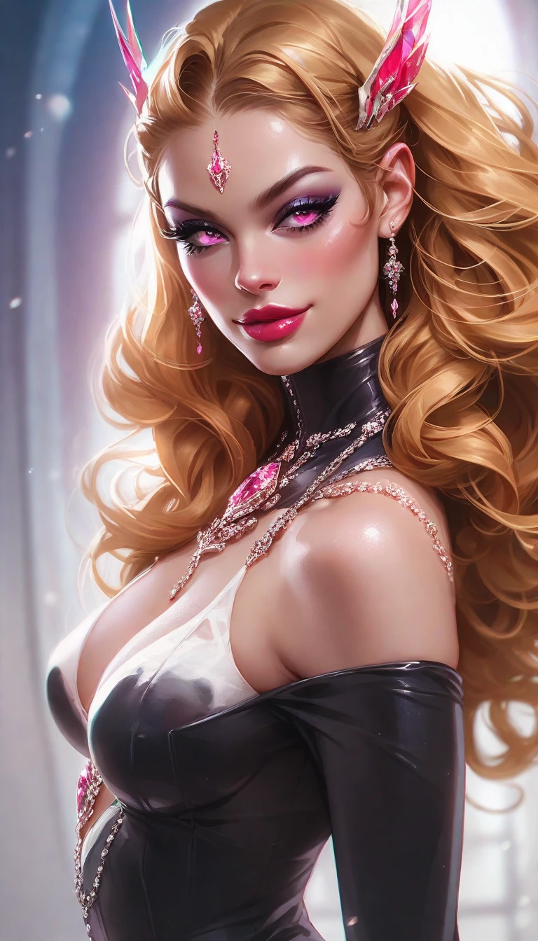 (ultra realistic,32k, masterpiece:1.2),(high detailed skin:1.1),( high quality:1.1),
<lora:WinxClubDarcy:0.8>Darcy,sigh,(mascara, long lashes:1.1),yellow eyes, brown hair, blonde strips, very long hair, WitchOutfit, makeup, purple lips, purple bodysuit, sleevless, gloves, blurry background,,(looking at viewer, standing from above:1.1),, (huge breast,large breast:1.2),<lora:add_detail:0.75>,
(glowwave:1.1),
