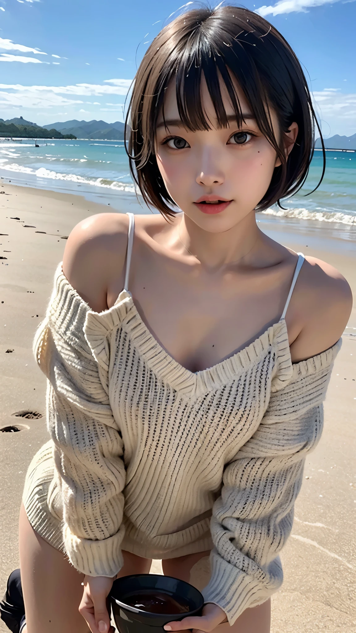 Best quality,raw photo , 19 years old Japanese female idol, leaning forward , v-neck sweater, Short hair, bowl cut ,cute face ,edgy,droop ,murky water , overflowing ,wet ,selfie, on the beach, rain,night,
