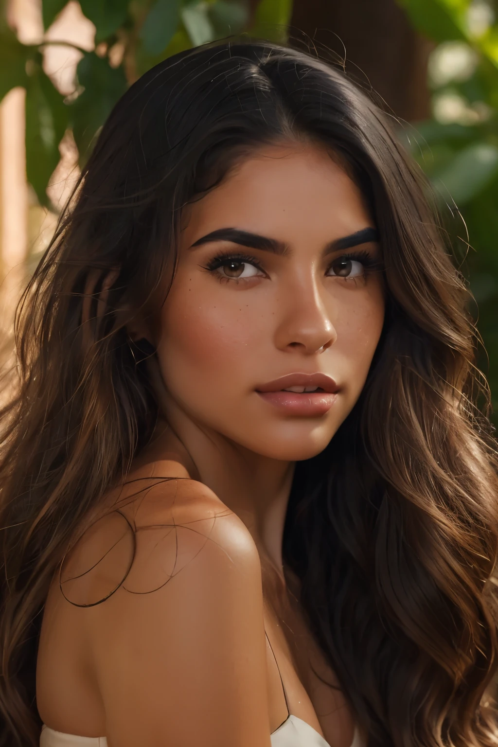 "Create an ultra-realistic image of a woman who appears to be 25 years old. She has medium-length black hair that reaches her chest, styled elegantly with a natural shine and smooth texture that flows gently. Her eyes are a deep black, exuding intensity and confidence, framed by naturally thick and well-groomed eyebrows. Her face is perfectly symmetrical, with prominent cheekbones, a softly defined chin, and a small, elegant nose. Her lips are full and well-defined, with a natural pout and a soft rosy tone, resembling those of a professional model. Her skin is flawless, with a radiant and even complexion and a subtle glow, featuring natural pores for added realism. Her body is proportional and toned, with feminine curves that suggest a healthy and fit lifestyle. She is positioned in a balanced and confident stance, radiating elegance and charm. Every detail, from the texture of her skin, freckles, and even the sparkle in her eyes, should appear real and vivid, as if captured by a high-resolution camera." black eyes, black