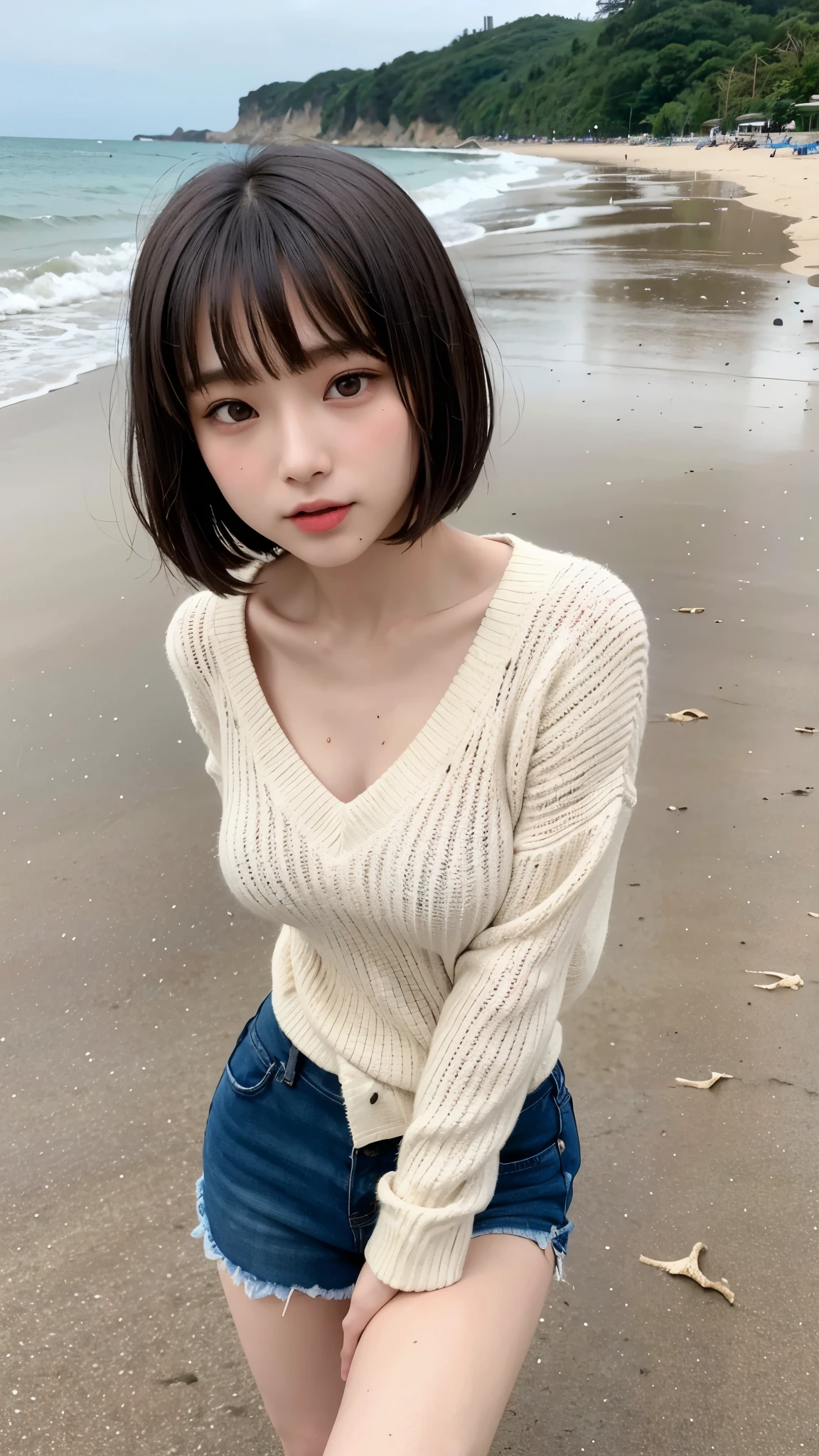 Best quality,raw photo , 19 years old Japanese female idol, face closeup ,from above ,looking up,look at viewer,arched back , Spread legs,v-neck sweater ,boyfriend jeans,Short hair, bowl cut ,cute face ,edgy ,wet ,selfie, rain,night, park
