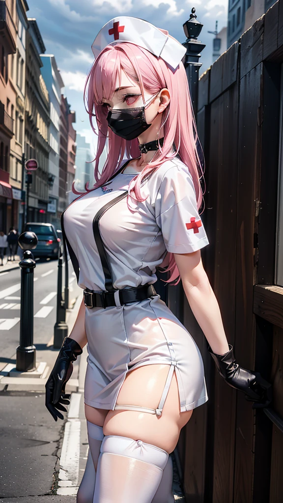 masterpiece, best quality, realistic, 1girl, police officer, tight black mini leather skirt, thick thighs, f-cup breast, dress view, (PureErosFace_V1:0.6), pink hair
