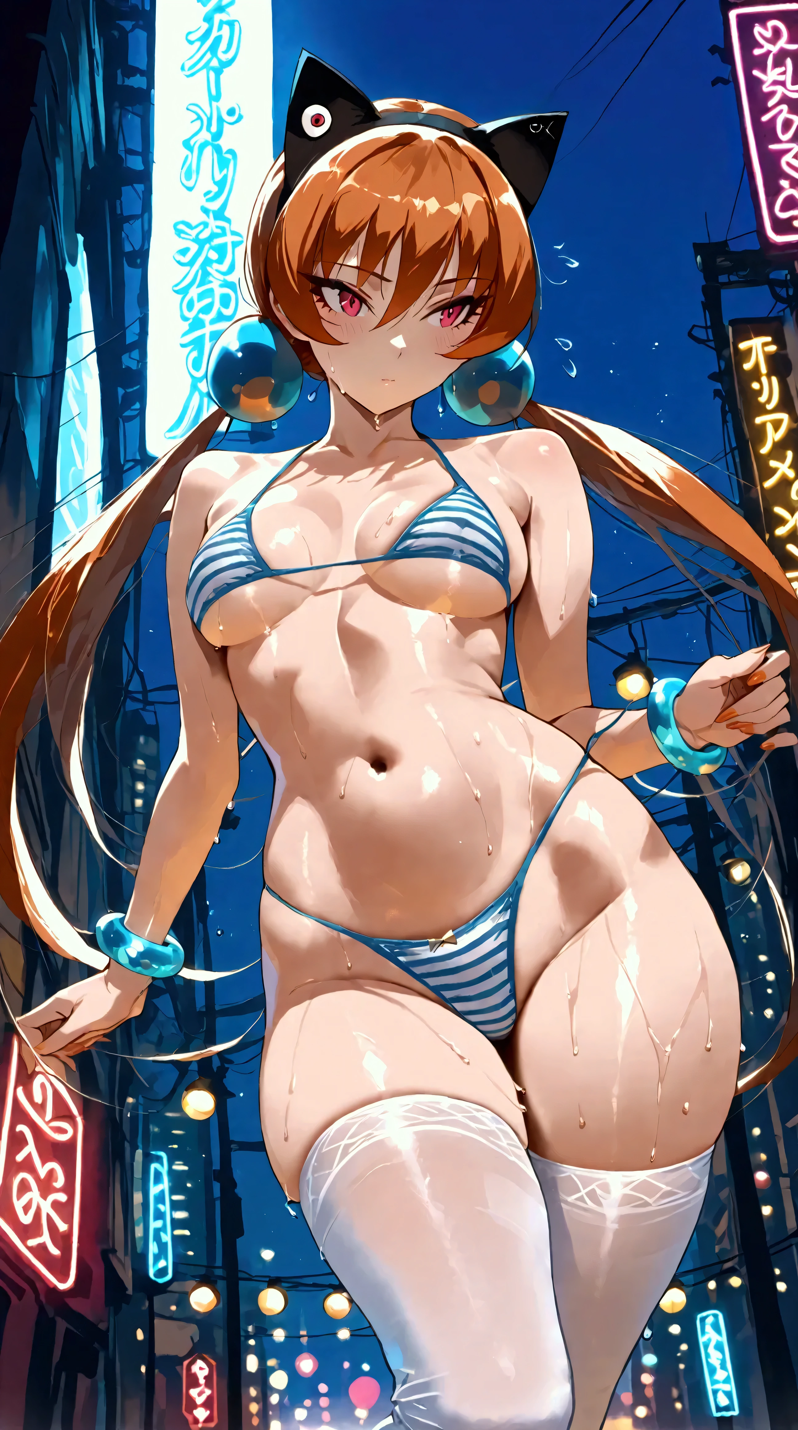 Masterpiece, Best quality, Best details, Girl, ((big )), ((hips)), ((thighs)), ((perfect body)), sexy, sexy micro bikini, striped bikini, bracelet, sexy, (sweat drops:1.3), curvy body, ((neon lights)), ((outdoors)) music, legs, (((neon))), lights, high quality, ((dancing)), ponytail with bangs hair style, white thighhighs,alisa southerncross, orange hair, low twintails, long hair, hair bobbles, cat ears hairband, black hairband