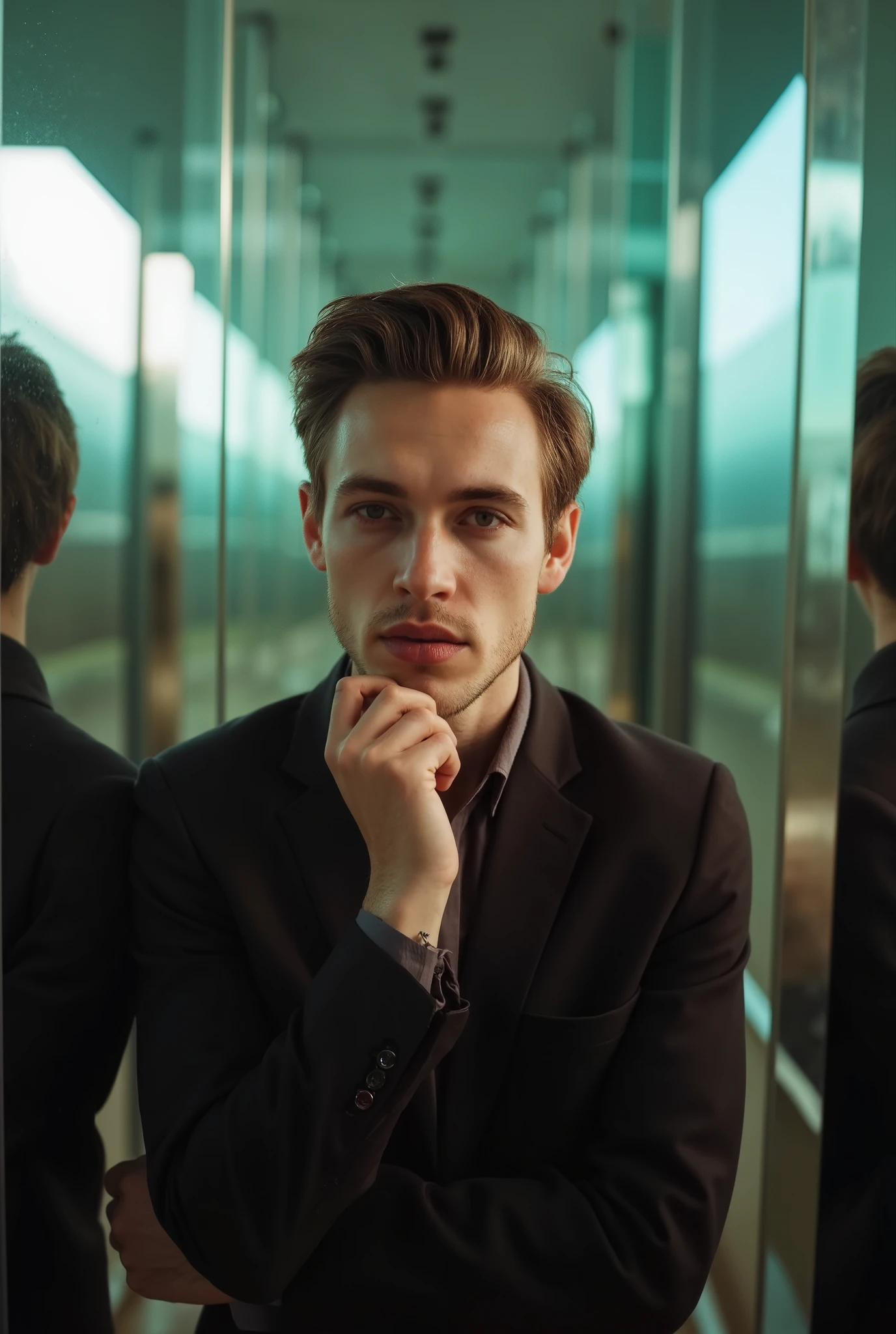 photography of a man, indoor setting, mirrored walls, soft lighting, head tilted, hand on chin, direct gaze, centered subject, eye-level shot, shallow depth of field, natural lighting, elegant pose flmft kodachrome style