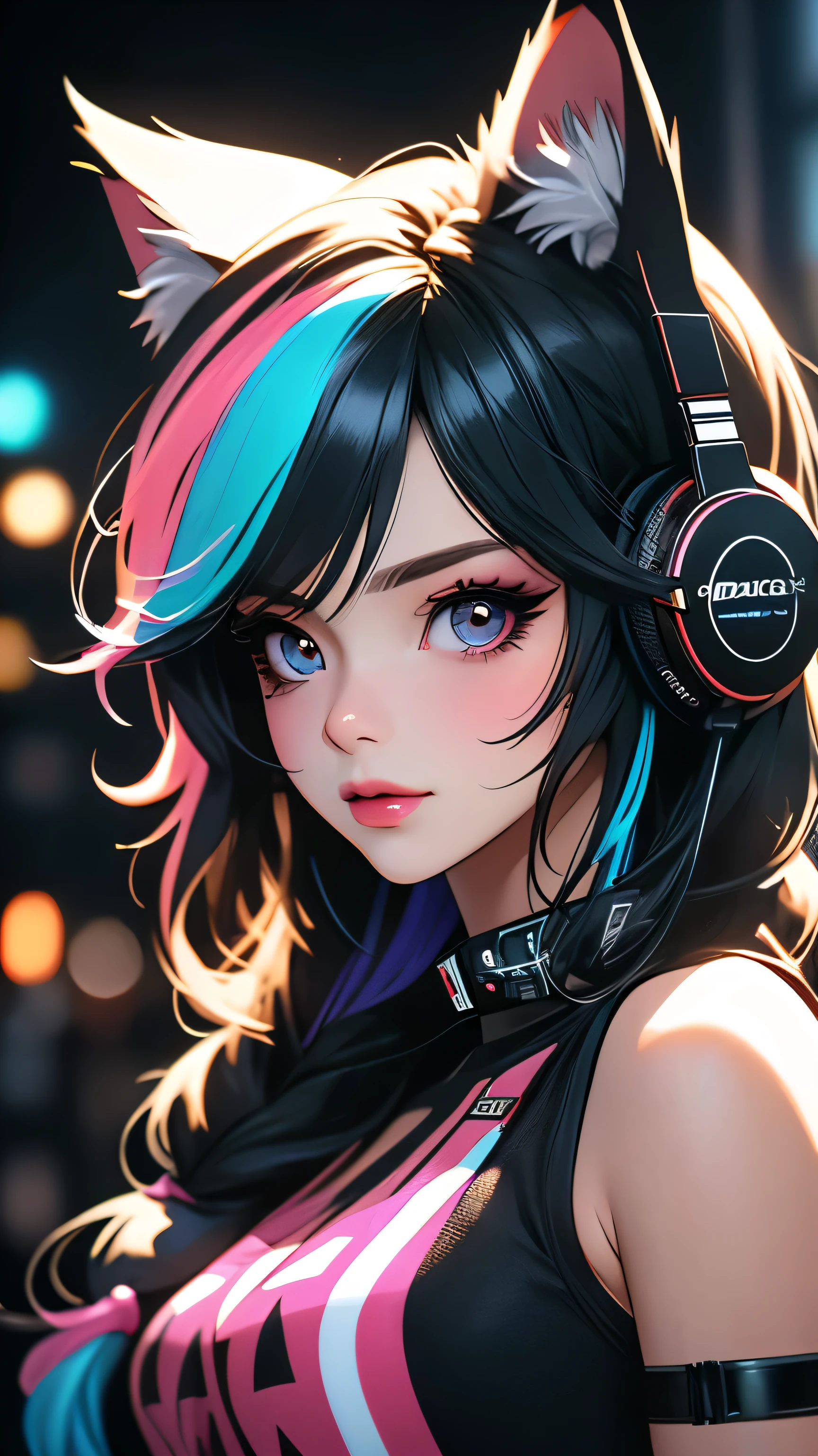 Pop art portrait of a gamer girl, game console, game room, neko headphones, gamepad, posing, choker collar, posing, streaked hair, multicolored hair, colored inner hair, braid, glowing eyes, makeup, light smile, depth of field, blurry, accurate, masterpiece, retina, textured skin, super detail, high details, high quality, award winning, best quality, highres, 1080P, HD, 4K, 8k, 16k,, (highest quality, High definition: 1.2). (perfect details: 1.1), (beautiful and clean background: 1.2), (extremely detailed CG, ultra detailed, best shadow: 1.1), (exquisitely drawn beautiful eyes), (full-length 1.1)