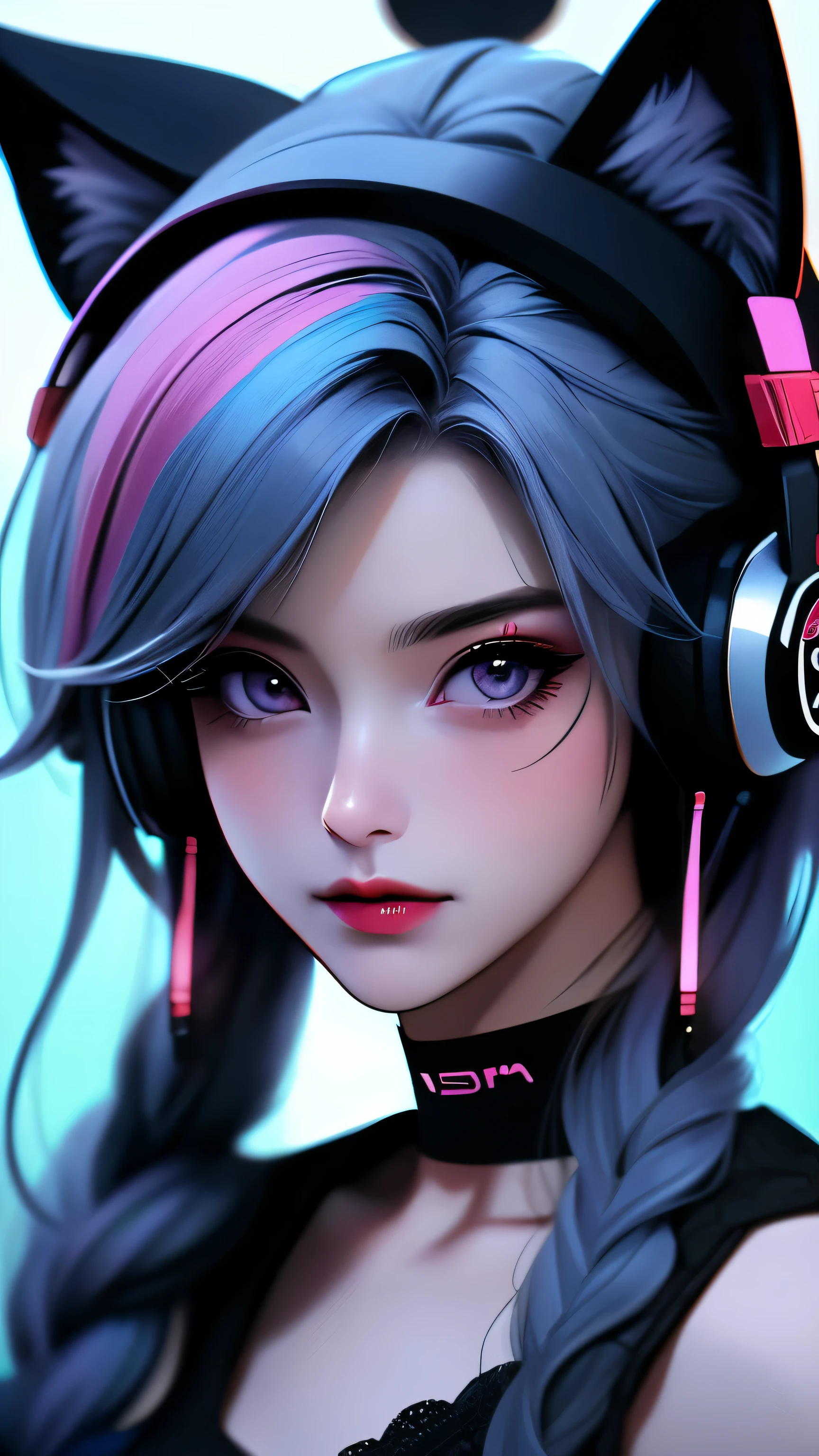 Pop art portrait of a gamer girl, game console, game room, neko headphones, gamepad, posing, choker collar, posing, streaked hair, multicolored hair, colored inner hair, braid, glowing eyes, makeup, light smile, depth of field, blurry, accurate, masterpiece, retina, textured skin, super detail, high details, high quality, award winning, best quality, highres, 1080P, HD, 4K, 8k, 16k,, (highest quality, High definition: 1.2). (perfect details: 1.1), (beautiful and clean background: 1.2), (extremely detailed CG, ultra detailed, best shadow: 1.1), (exquisitely drawn beautiful eyes), (full-length 1.1)
