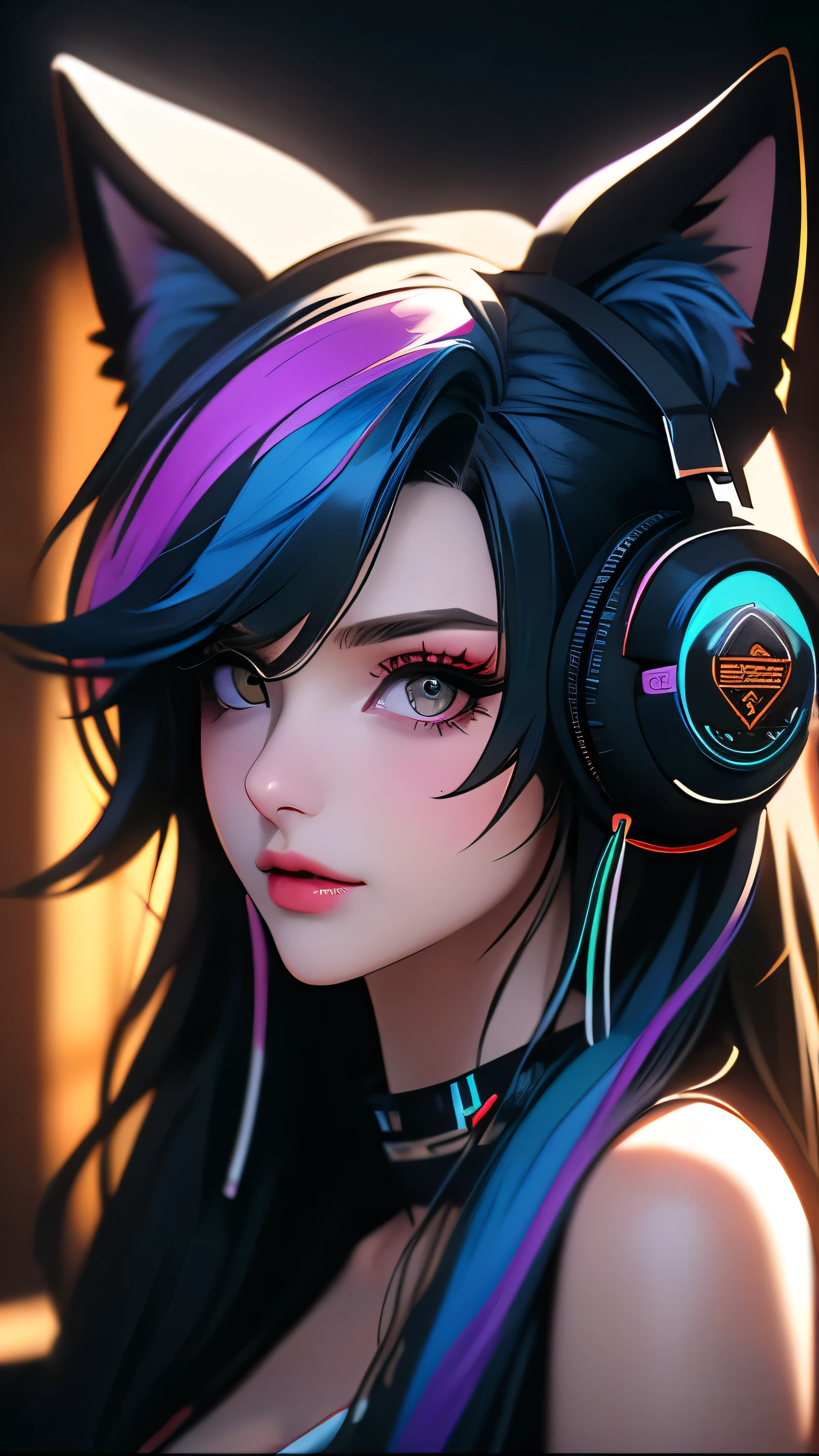 Pop art portrait of a gamer girl, game console, game room, neko headphones, gamepad, posing, choker collar, posing, streaked hair, multicolored hair, colored inner hair, braid, glowing eyes, makeup, light smile, depth of field, blurry, accurate, masterpiece, retina, textured skin, super detail, high details, high quality, award winning, best quality, highres, 1080P, HD, 4K, 8k, 16k,, (highest quality, High definition: 1.2). (perfect details: 1.1), (beautiful and clean background: 1.2), (extremely detailed CG, ultra detailed, best shadow: 1.1), (exquisitely drawn beautiful eyes), (full-length 1.1)