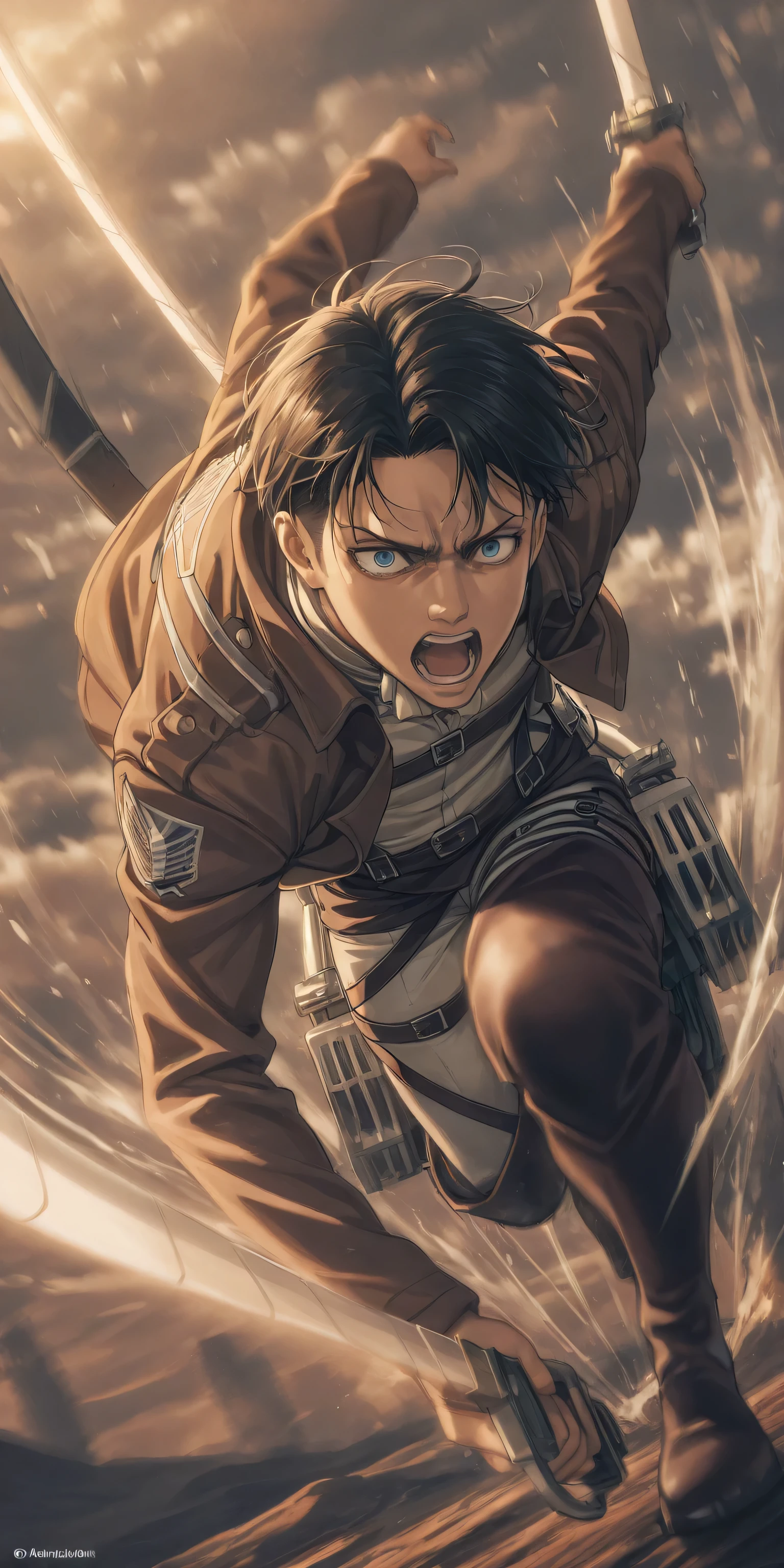 solo,1boy\(Levi Ackerman\(attack of titan\),diving to Titan from high above by The 3-D Maneuver Gear, downspin,motion blur,(dynamic pose),mad,angry,open mouth,holding 2swords\).anthro,screen capture.dynamic angle. BREAK .quality\(8k,wallpaper of extremely detailed CG unit, high resolution, top-quality, top-quality real texture skin, hyper realistic, increase the resolution, RAW photos, best quality, highly detailed, the wallpaper, golden ratio, high saturation realism, vibrant colors, dramatic lighting, persuasive storytelling, atmospheric scenery, captivating visuals, intricate details, strong emotions, dreamlike world\).landscape, dutch angle,action shot,(motion blur:1.3),limited color,tense battle scenes