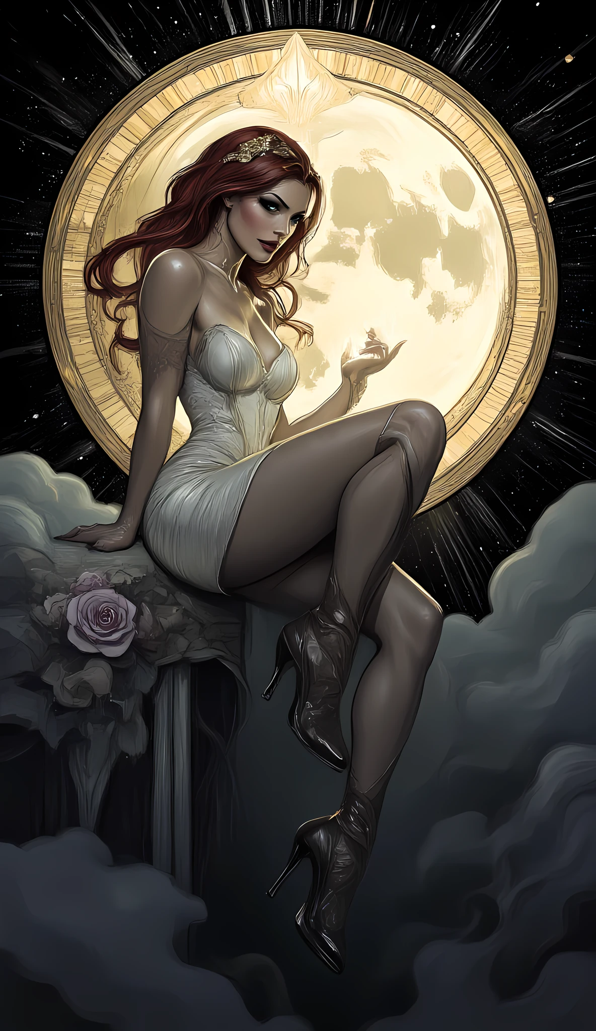 goth art, art deco comic art, there is a beautiful female vampire, pale skin, glowing eyes, red hair, long hair, flowing hair, she wears a white leather dress, black stiletto high heeled boots, with a vampire fangs, as she is sitting on top of of a cloud in the sky, the moon is high, it is night time, moon rays, there are roses, divine rays, bright sky, hyp3rd3tail style, Art Deco