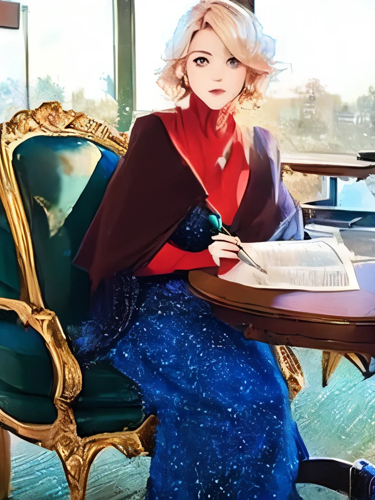 (Masterpiece: 1.2, Best Quality), Realistic, (Realistic Picture, Complex Details, Depth of Field), Best Quality, Masterpiece, Highly Detailed, Semi Realistic, 1 Girl, Mature Female, 21 Years Old, Blond Short Hair, Left Eye Covered with Hair, Blue Eyes, King's Clothes, Red Cloak, Slim Figure, Crown Made of Precious Gold, Reading and Marking Documents, Goose Hair Pen, Office Table, Soft Bench