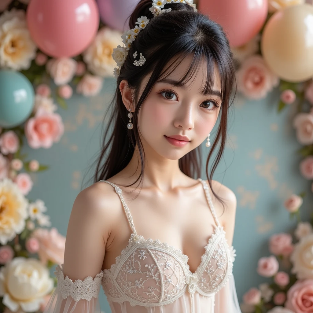 Very detailed, 8K, highest quality, sheer pink negligee, Abundant lace lingerie, from below, Lace panties, pretty pink lingerie pajamas ,floating, ((A very delicate and beautiful dreamlike scene.)), (Detailed eyes and face), Neck ribbon, (Little girl's small hand), Skirt that flips up,((Elegant transparent pink lingerie pajamas)) , background filled with flowers, sunlight, (Soft Light), (pastel colour), (Sparkling), Naked Girl, (Beautiful nudes), (Fascinating Cleavage), (Small beautiful butt), (Transparent lingerie pajamas), ((Hair flying in the wind and skirts rolling up)), I can see her panties,((Sexy Panty Shot)), (Photorealistic), (Professional Lighting), Digital SLR