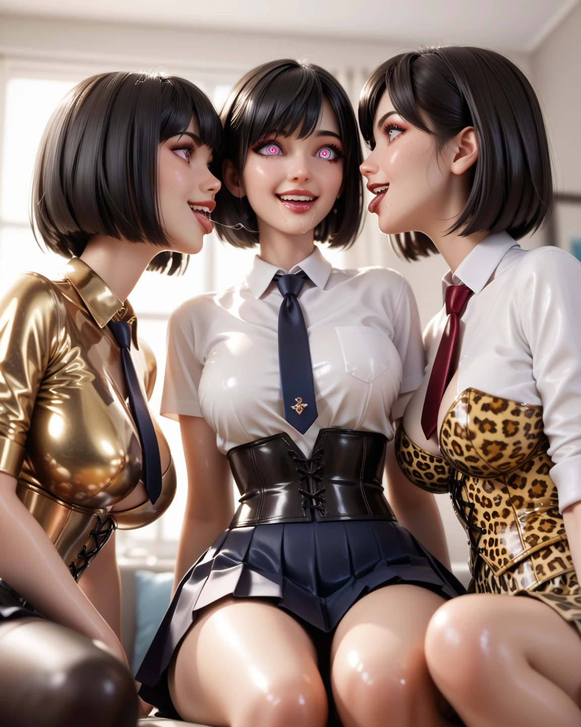 3 girls, In extremely tight shiny latex pink polo shirt,  double ponytails,  black hair , Lens reflection,  reflecting light ,  high resolution ,  masterpiece,  are in the apartment and sitting at the computer, glowing eyes, Necktie,saliva, salivafluss, salivaspur, kiss,  very strong shiny skin , very strong shiny makeup , corset, Grin, from above, Leopard print, tentacle, , embrace, pleated skirt, Lap sitting , 