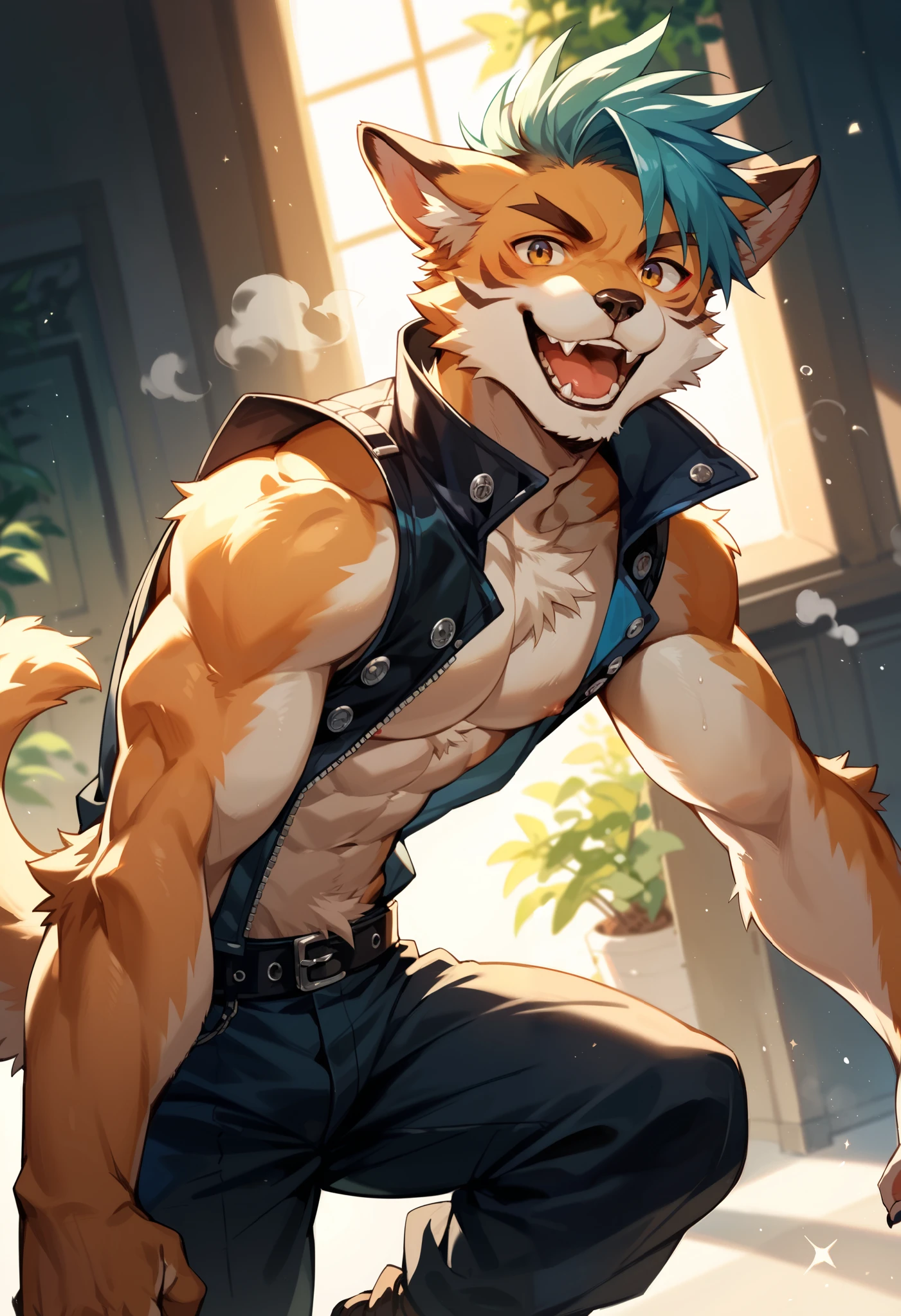 uploaded on e621, by personalami, Michael & Inessa Garmash, Ruan Jia, Pino Daeni, (male) anthro, ((amazing angle)), detailed face, detailed eyes, detailed fluffy fur, fluffy tail, short hair, digitigrade, seductive pose, suit, fancy pants, digital painting, natural lighting, photorealistic (pinup) (Victorian clothing) medals (smug face) smiling (cocky), eyewear, steampunk, golden jewelry, ((furry hands)), paws