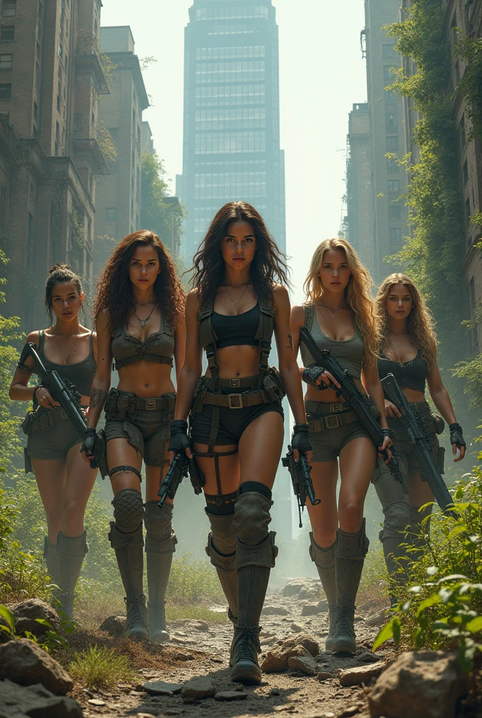 Apocalyptic wasteland, High Detail RAW color Photo, Full Shot, intricate, high resolution, ultra detailed, 3 beautiful woman walking towards camera with a gun in hand, wearing sexy wasteland survival gear, (open jacket, unbuttoned shirt, no bra, cleavage, perfect breasts, perky nipple:1.6), rifle in hand, toned physique, (low ride leather pants:1.4), perfect body, full body, looking at viewer with sensual expression, sensual, intimate, full long flowing hair, sweaty, wet body, destroyed vehicles in background with smoke rising