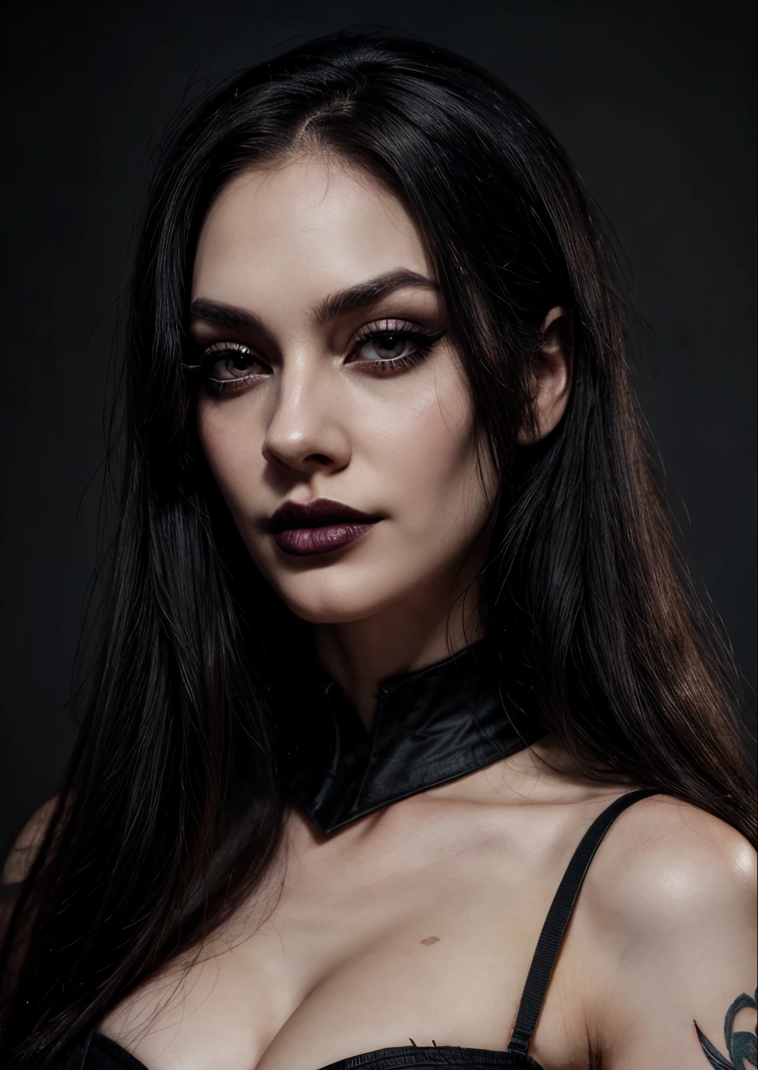 masterpiece, best quality, 1female, beautiful, face portrait, deep makeup, 1girl, face focus, dark hair, goth, diana \(league of legends\), makeup, pale skin, straight hair, gray eyes